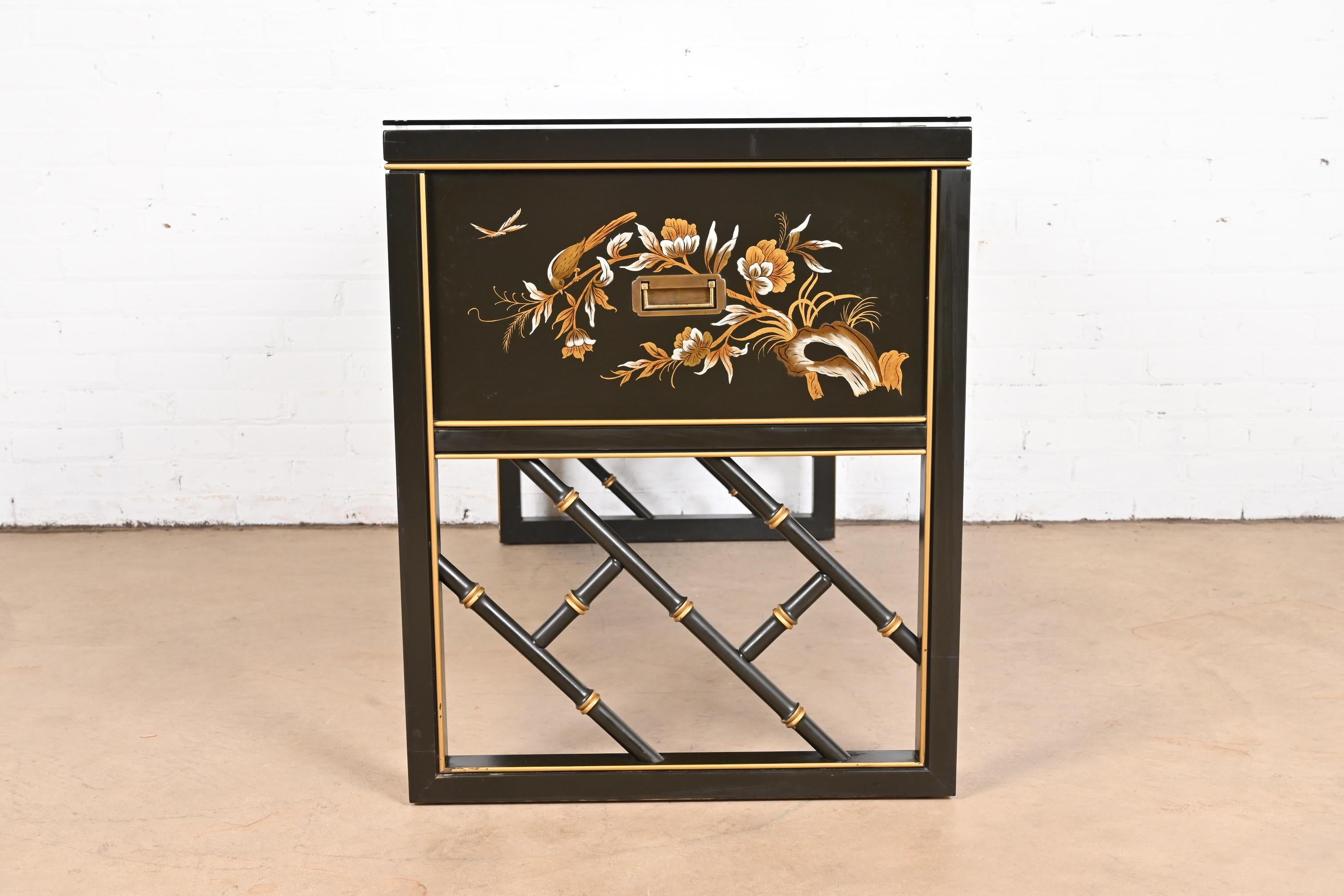 Chinoiserie Hollywood Regency Campaign Black Lacquered Writing Desk by Sligh For Sale 6