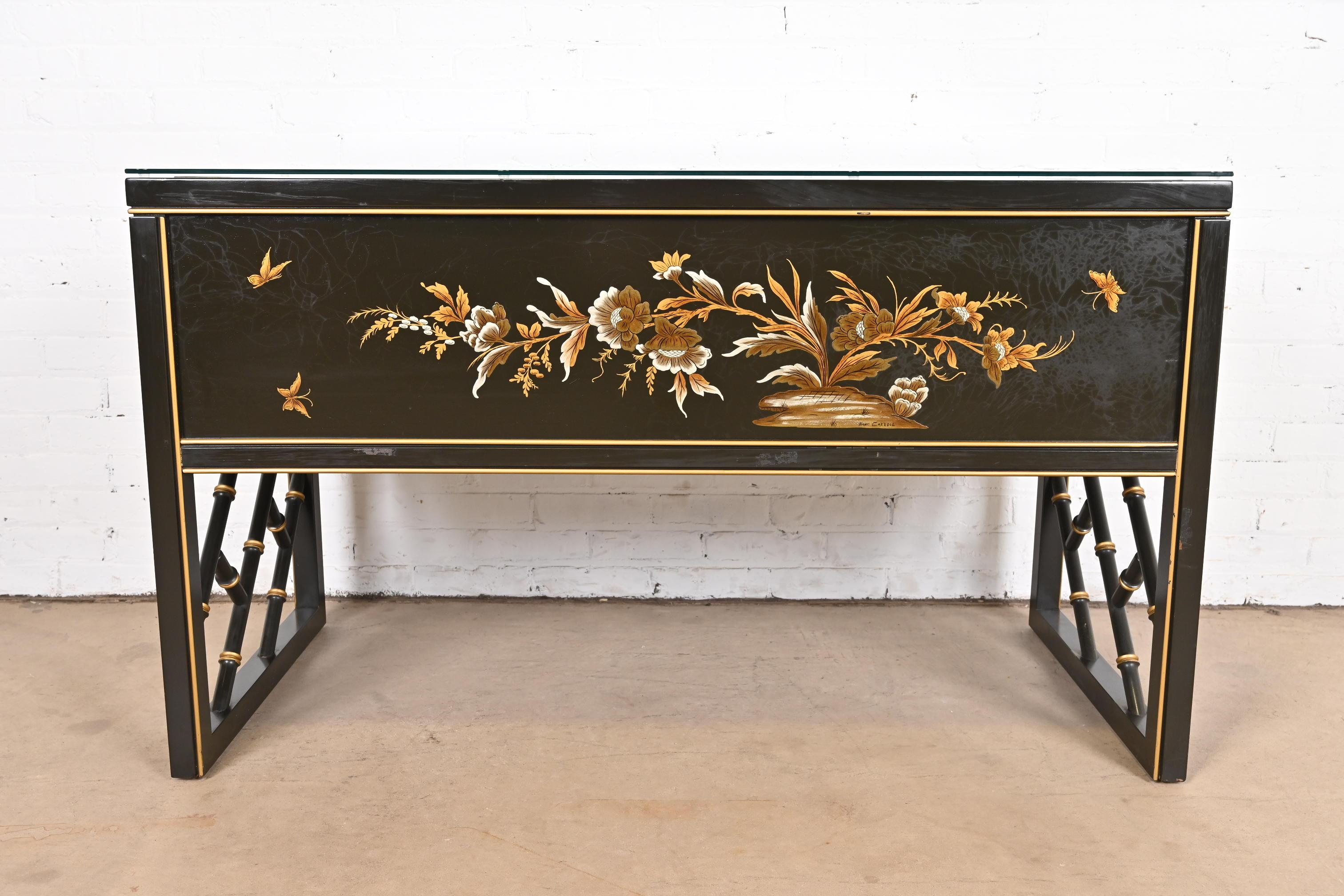 Chinoiserie Hollywood Regency Campaign Black Lacquered Writing Desk by Sligh For Sale 7