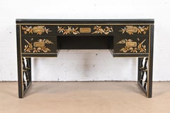 Chinoiserie Hollywood Regency Campaign Black Lacquered Writing Desk by Sligh