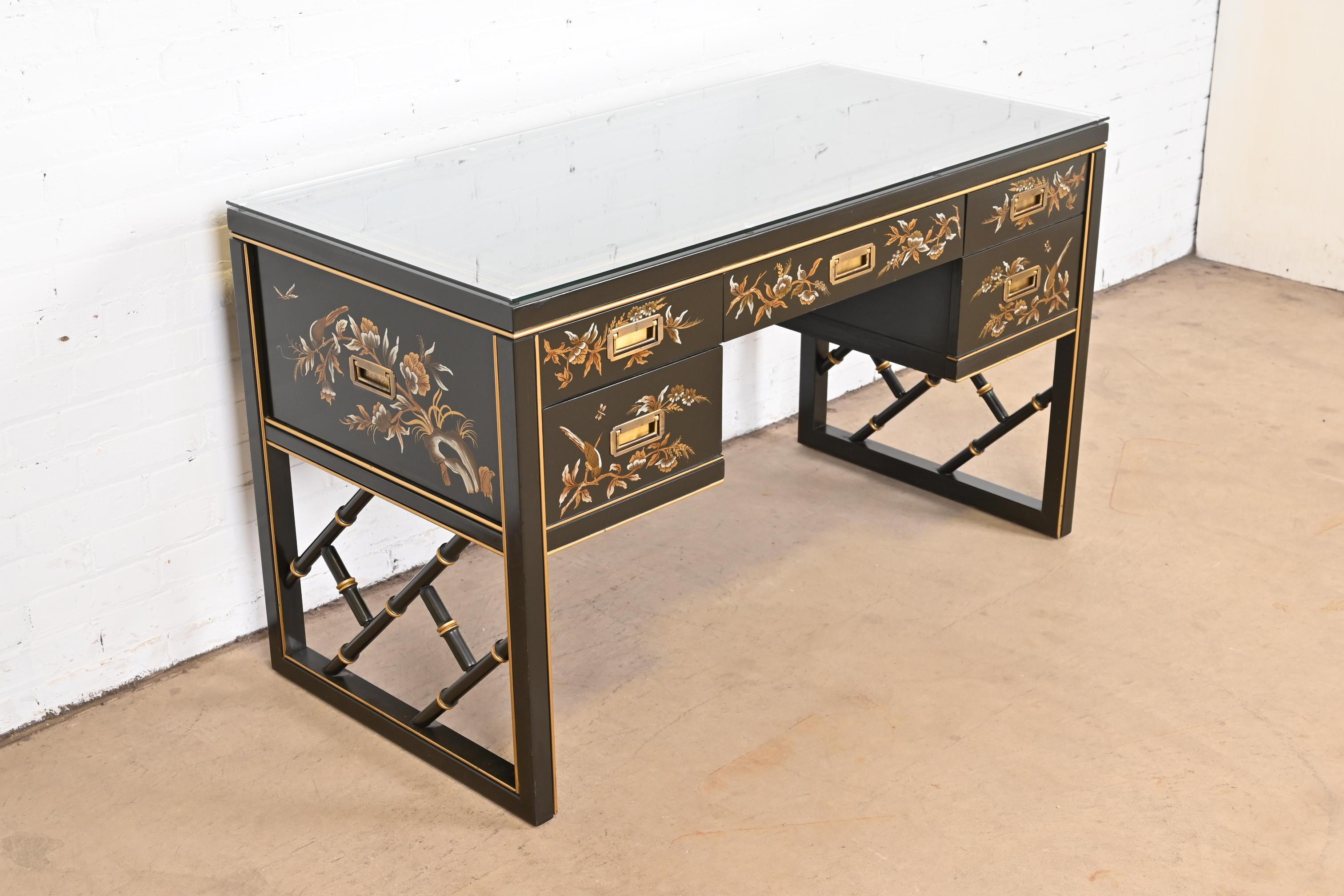 American Chinoiserie Hollywood Regency Campaign Black Lacquered Writing Desk by Sligh For Sale
