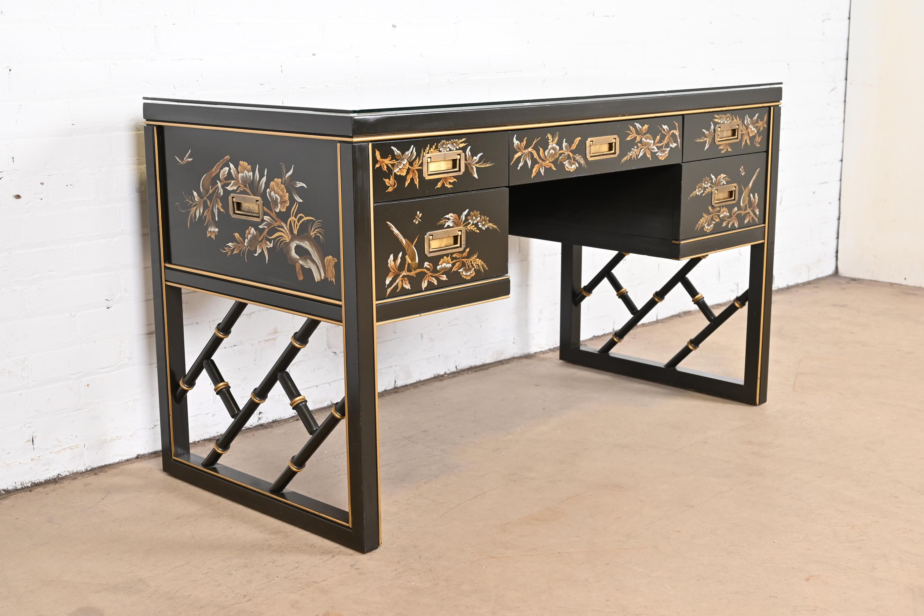 Chinoiserie Hollywood Regency Campaign Black Lacquered Writing Desk by Sligh In Good Condition For Sale In South Bend, IN