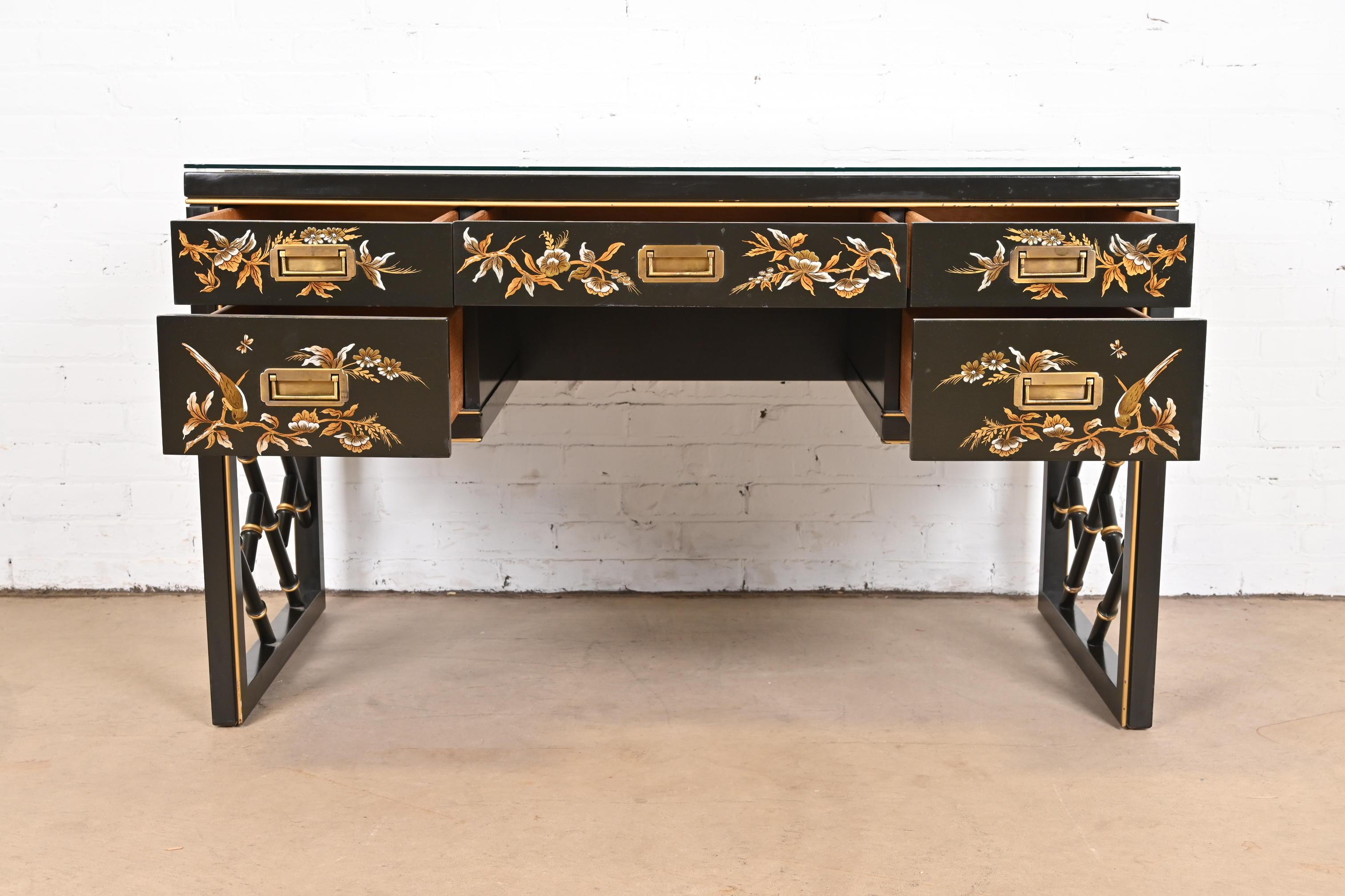 Late 20th Century Chinoiserie Hollywood Regency Campaign Black Lacquered Writing Desk by Sligh