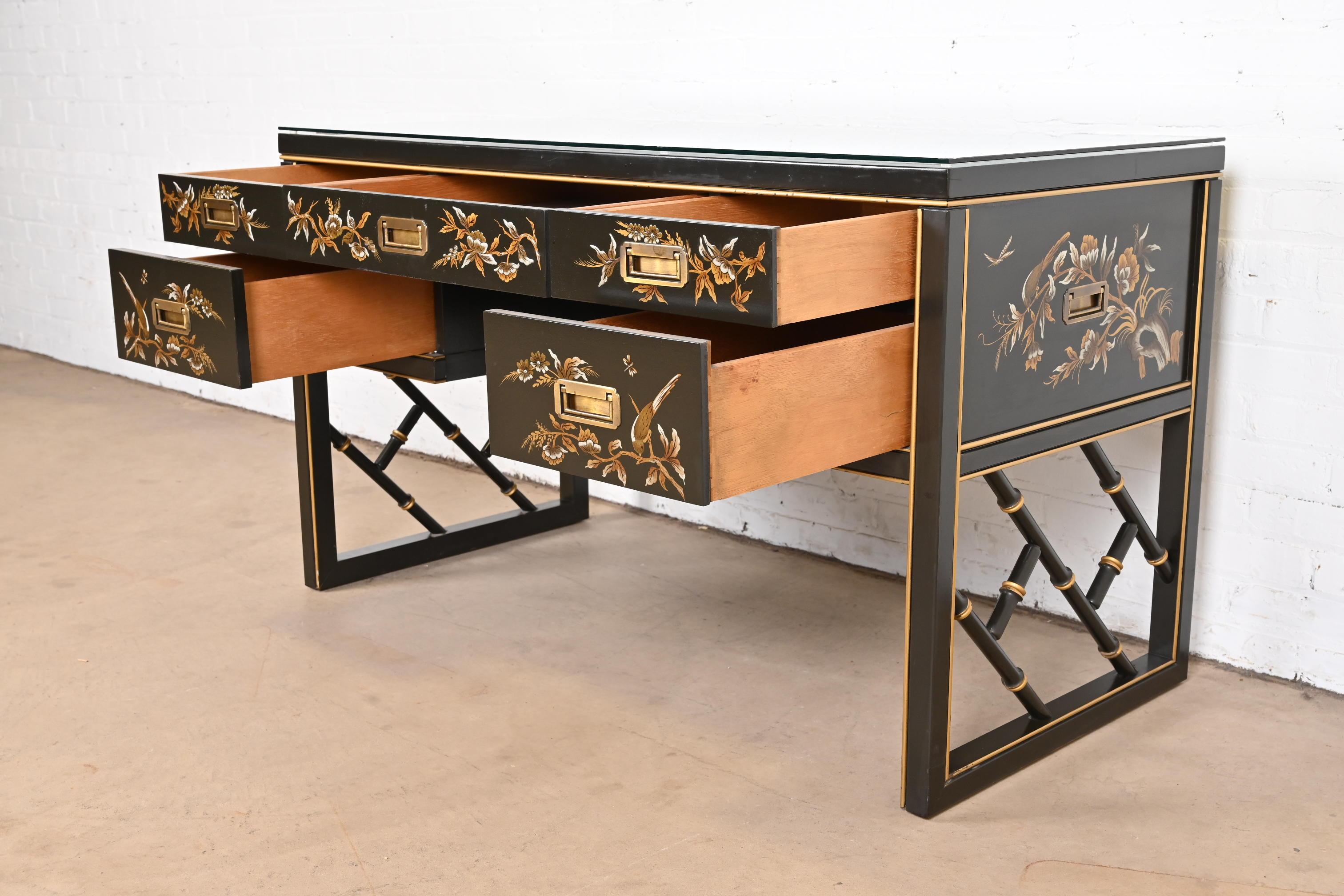 Brass Chinoiserie Hollywood Regency Campaign Black Lacquered Writing Desk by Sligh For Sale