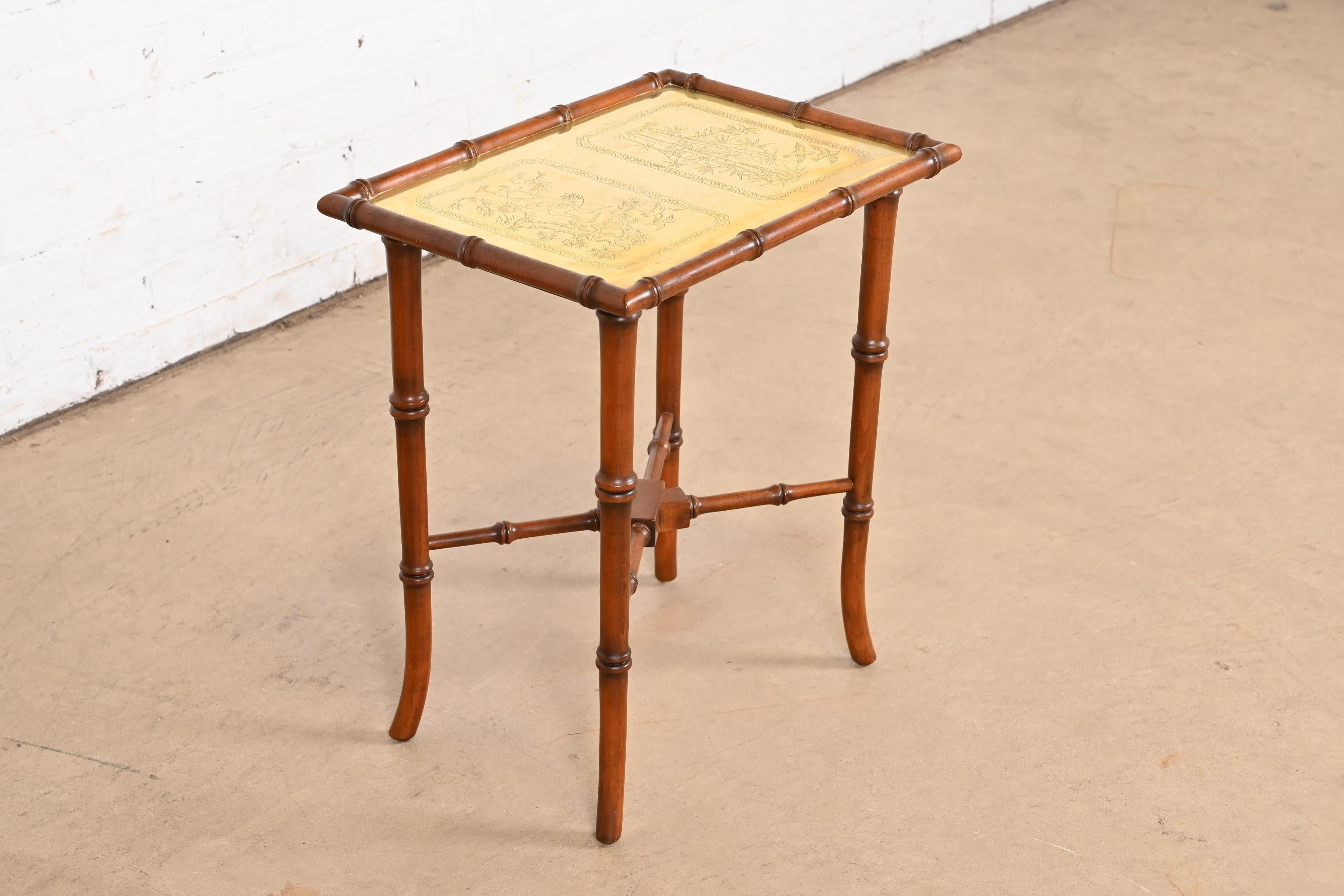 Chinoiserie Hollywood Regency Faux Bamboo and Etched Brass Occasional Side Table For Sale 1