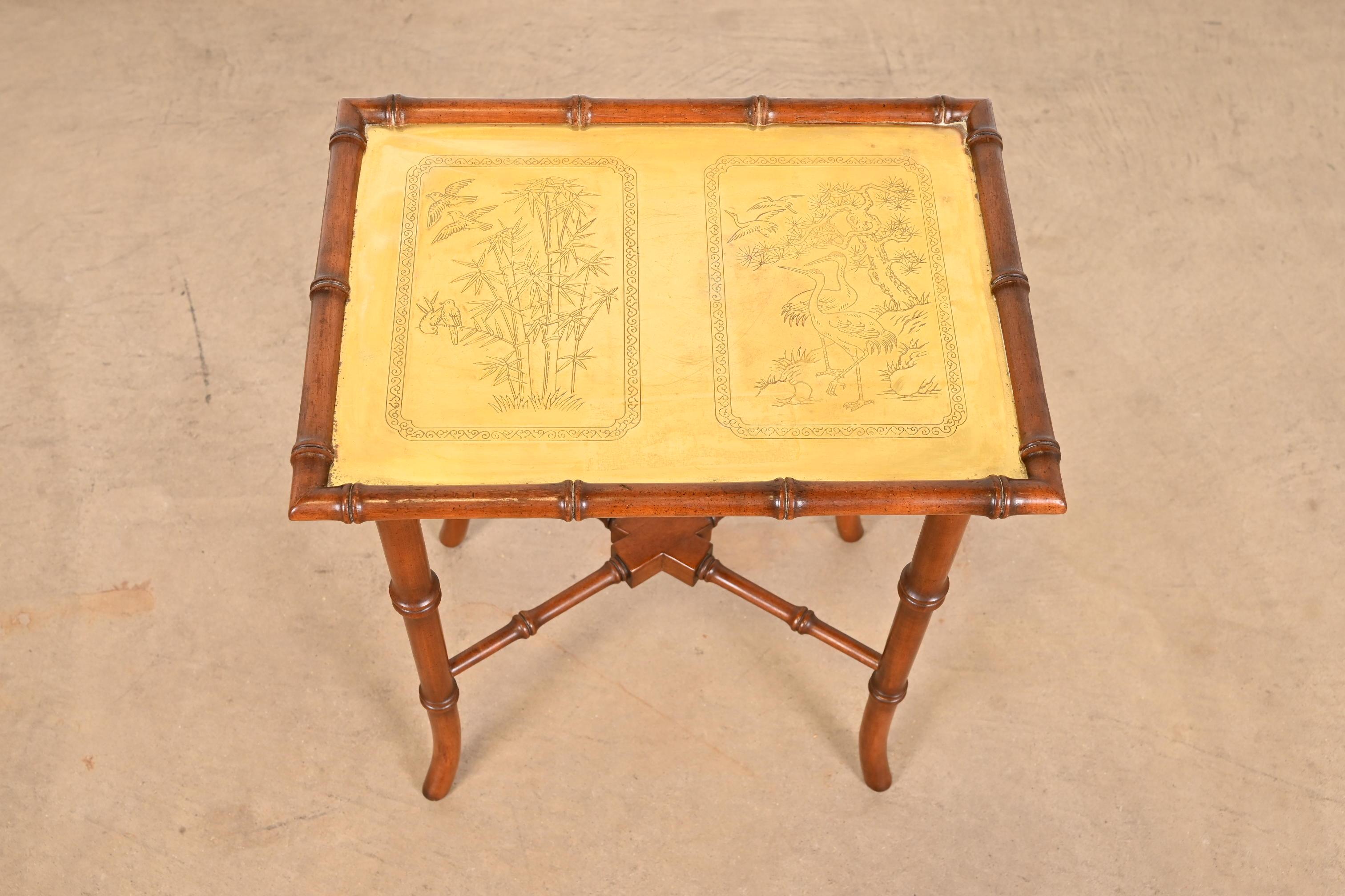 Chinoiserie Hollywood Regency Faux Bamboo and Etched Brass Occasional Side Table For Sale 3