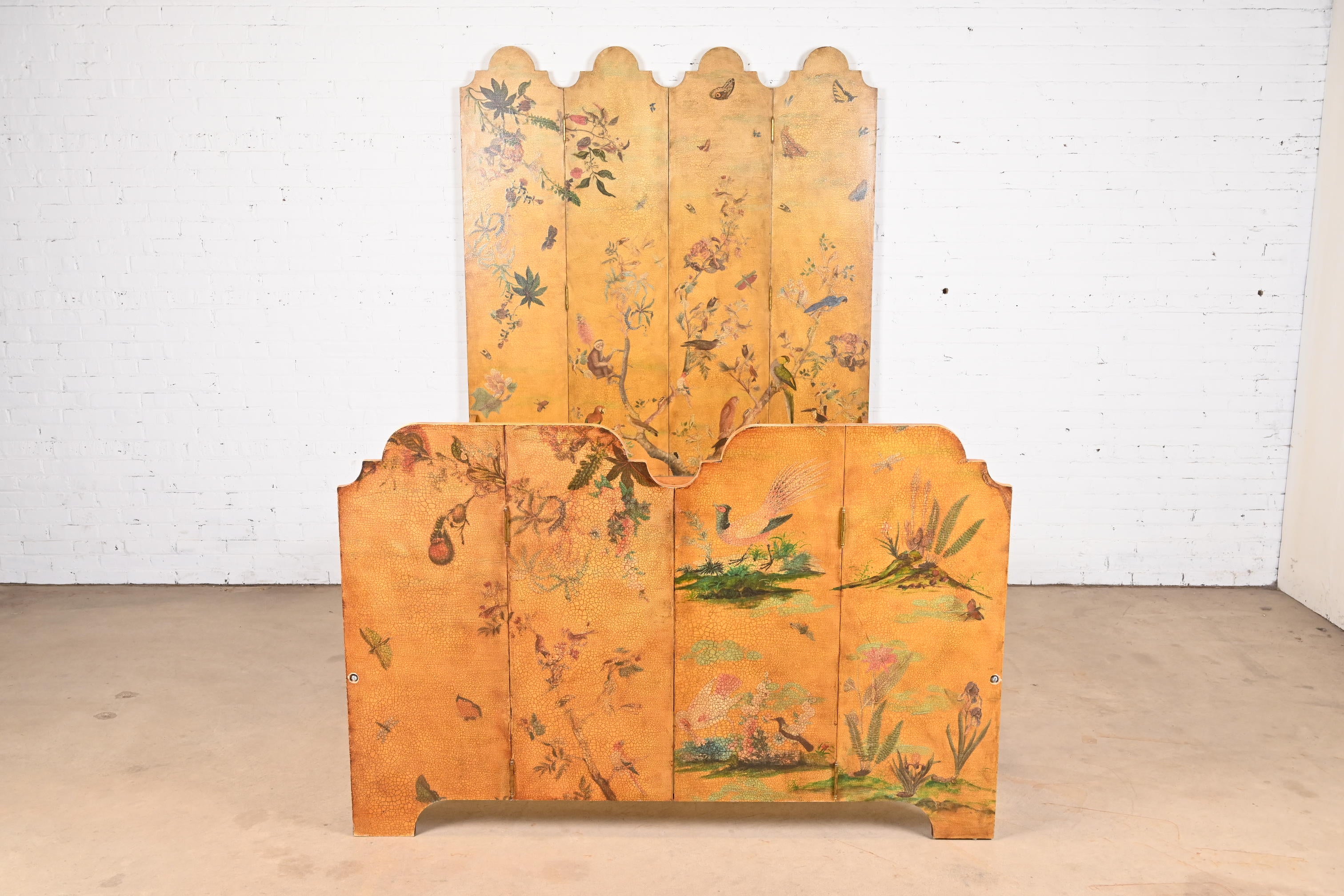 A gorgeous and unique Chinoiserie or Hollywood Regency style queen size bed frame

In the manner of Maitland Smith

Circa Late 20th Century

Hand-painted Asian scenes on wooden screens, with crackle lacquered finish.

Measures: 64.25