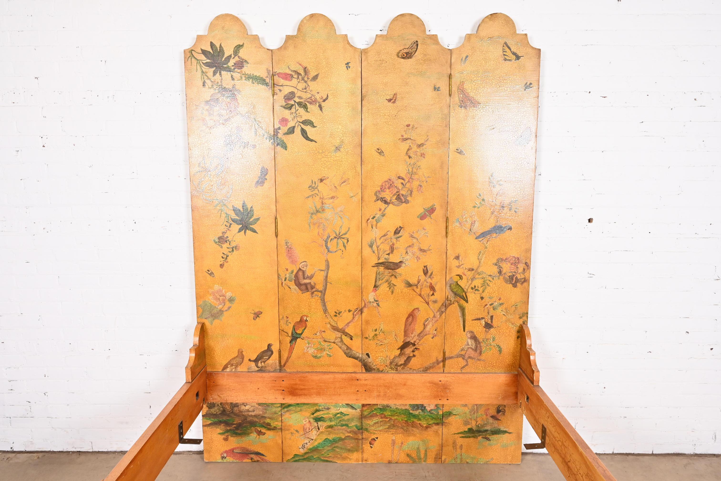20th Century Chinoiserie Hollywood Regency Hand Painted Lacquered Queen Size Bed