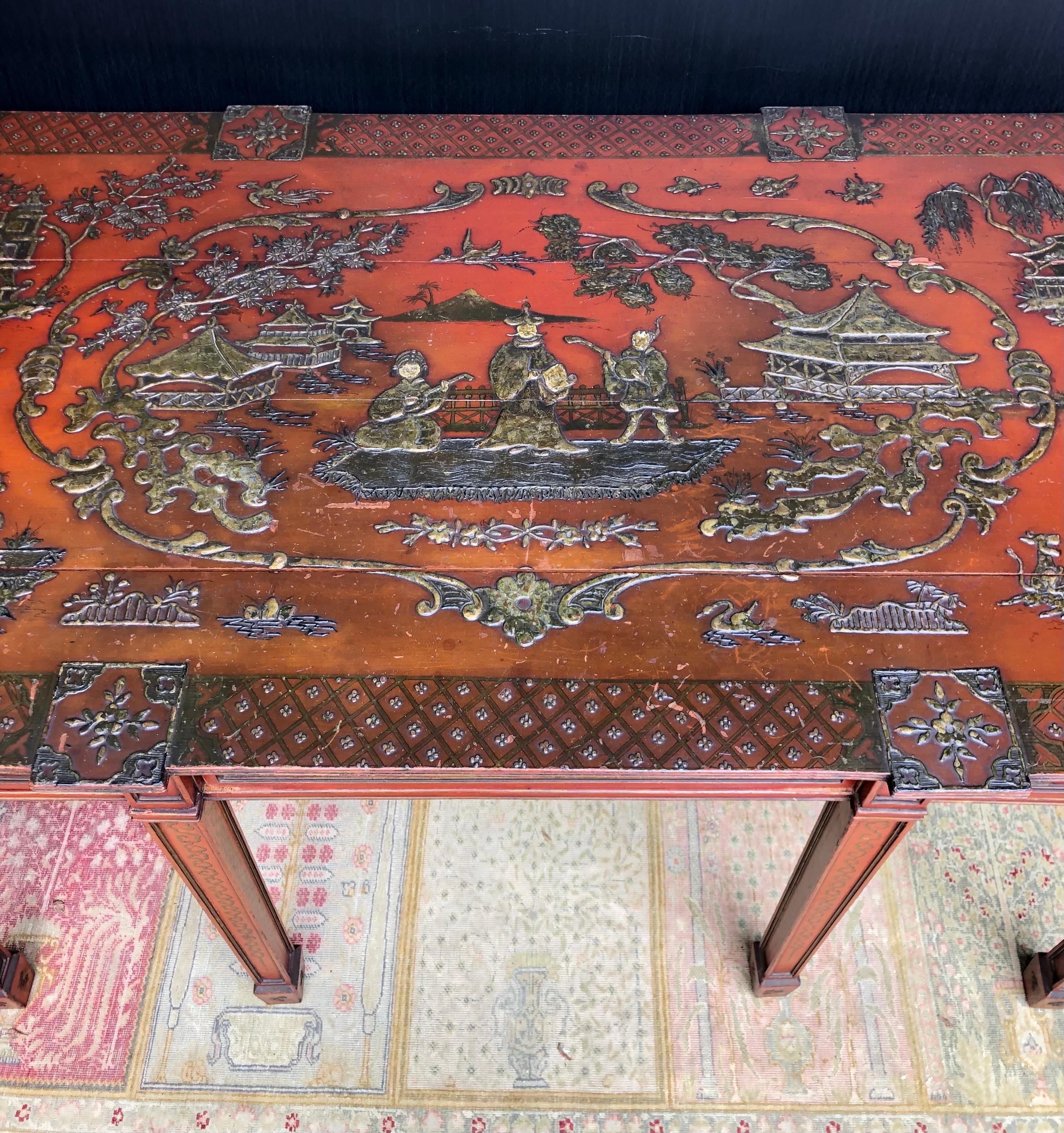Chinoiserie Imperial Red English Writing Partners Desk / Library Table, 19th C For Sale 3