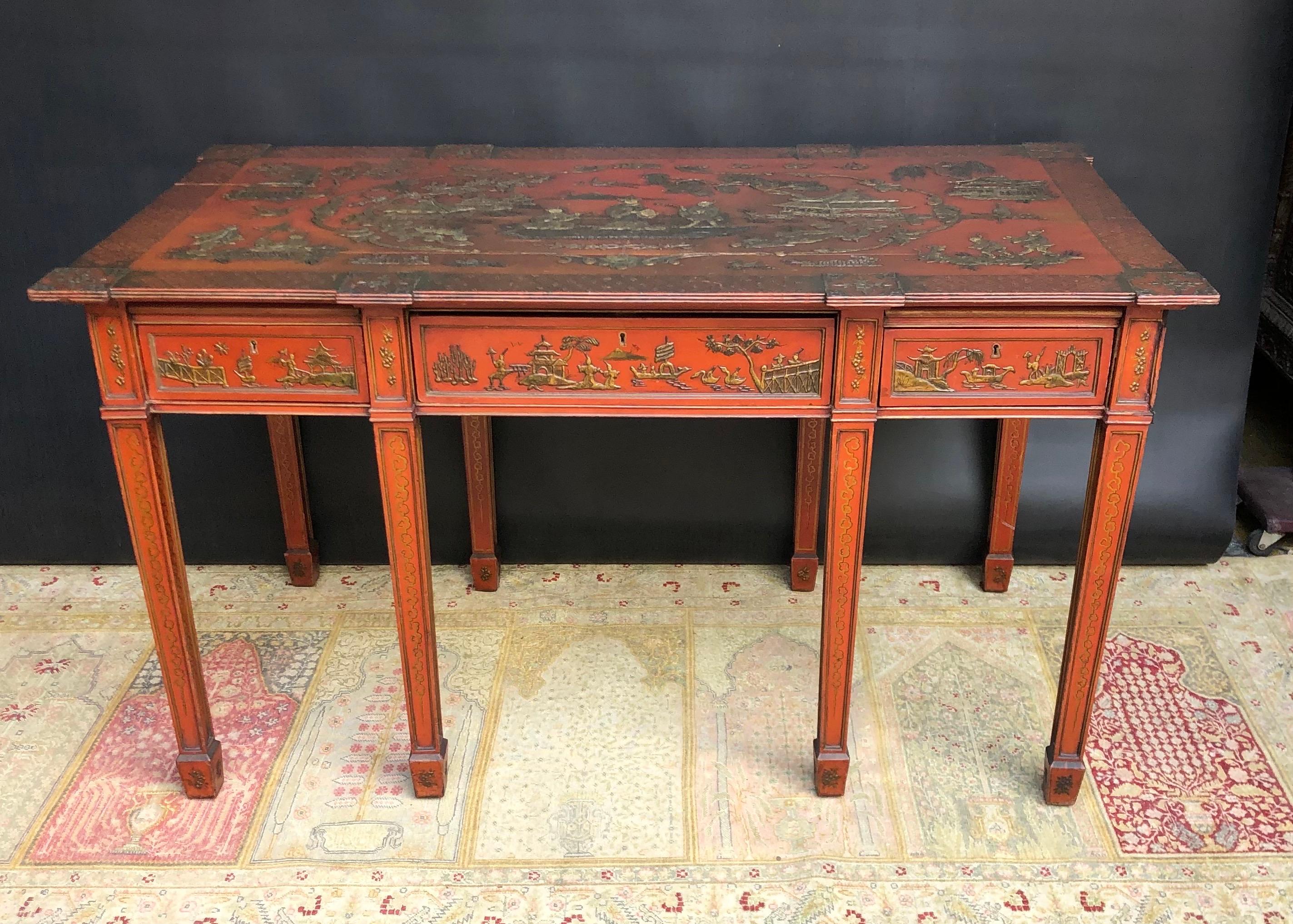 Chinoiserie Imperial Red English Writing Partners Desk / Library Table, 19th C 4