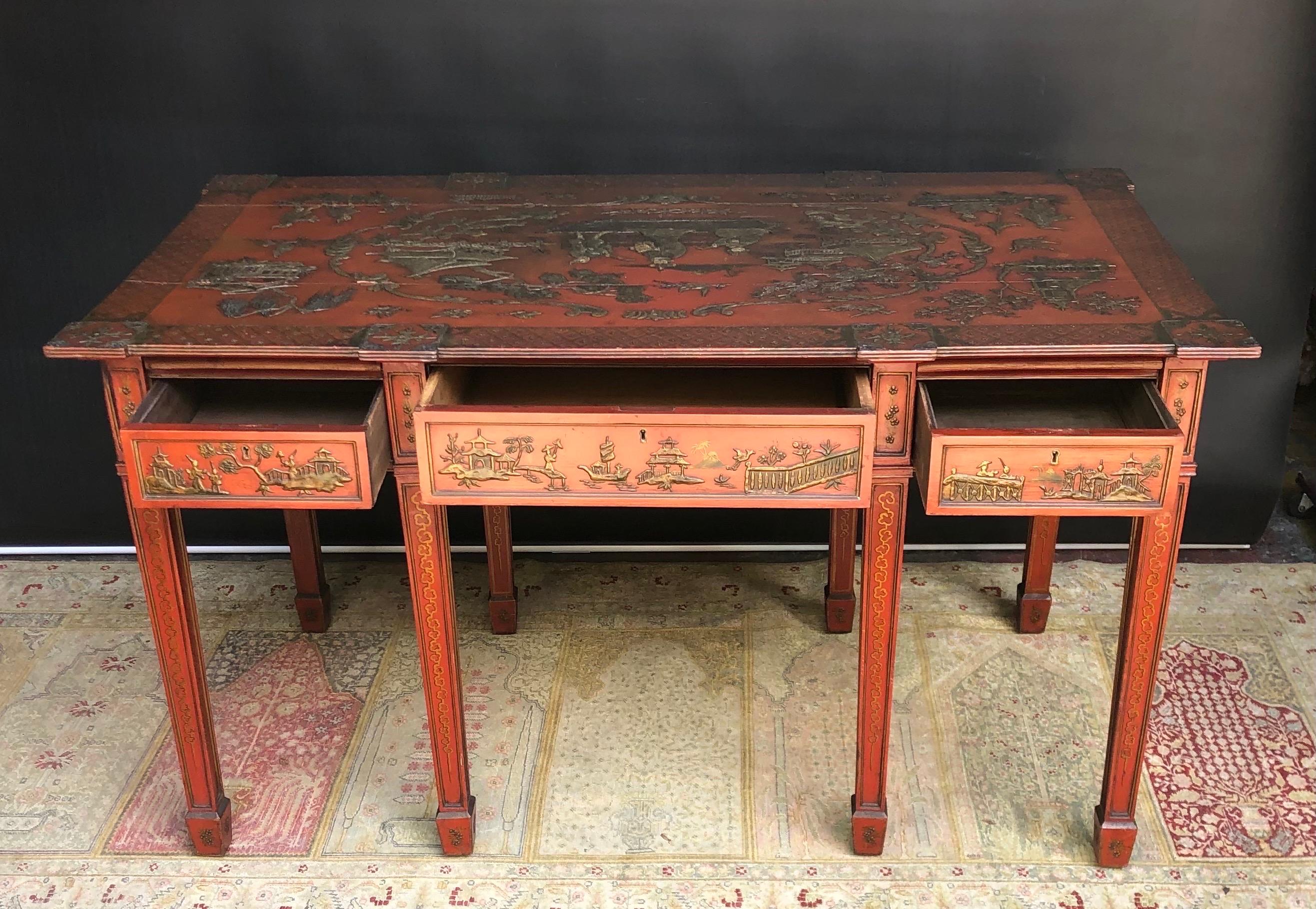 Chinoiserie Imperial Red English Writing Partners Desk / Library Table, 19th C 7