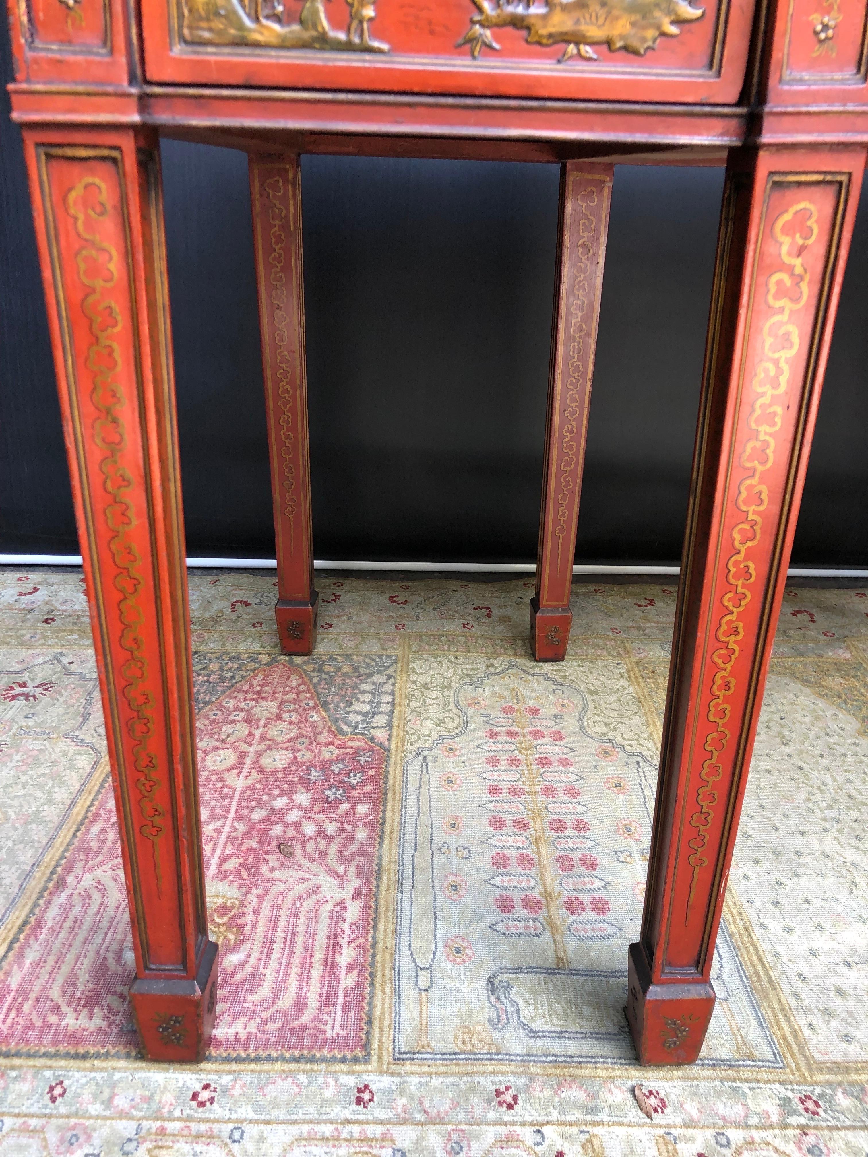 Chinoiserie Imperial Red English Writing Partners Desk / Library Table, 19th C 8