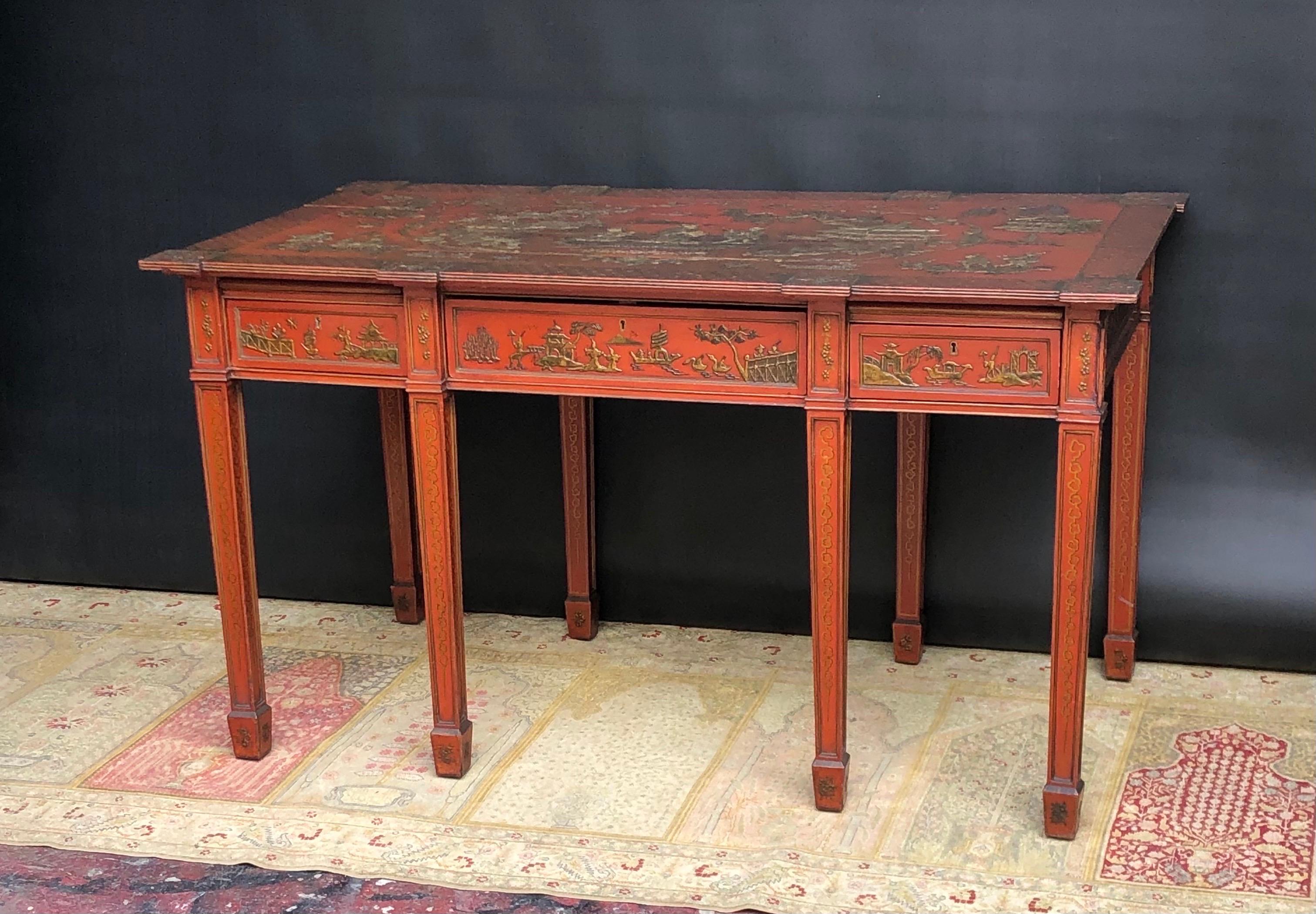 Chinoiserie Imperial Red English Writing Partners Desk / Library Table, 19th C 11