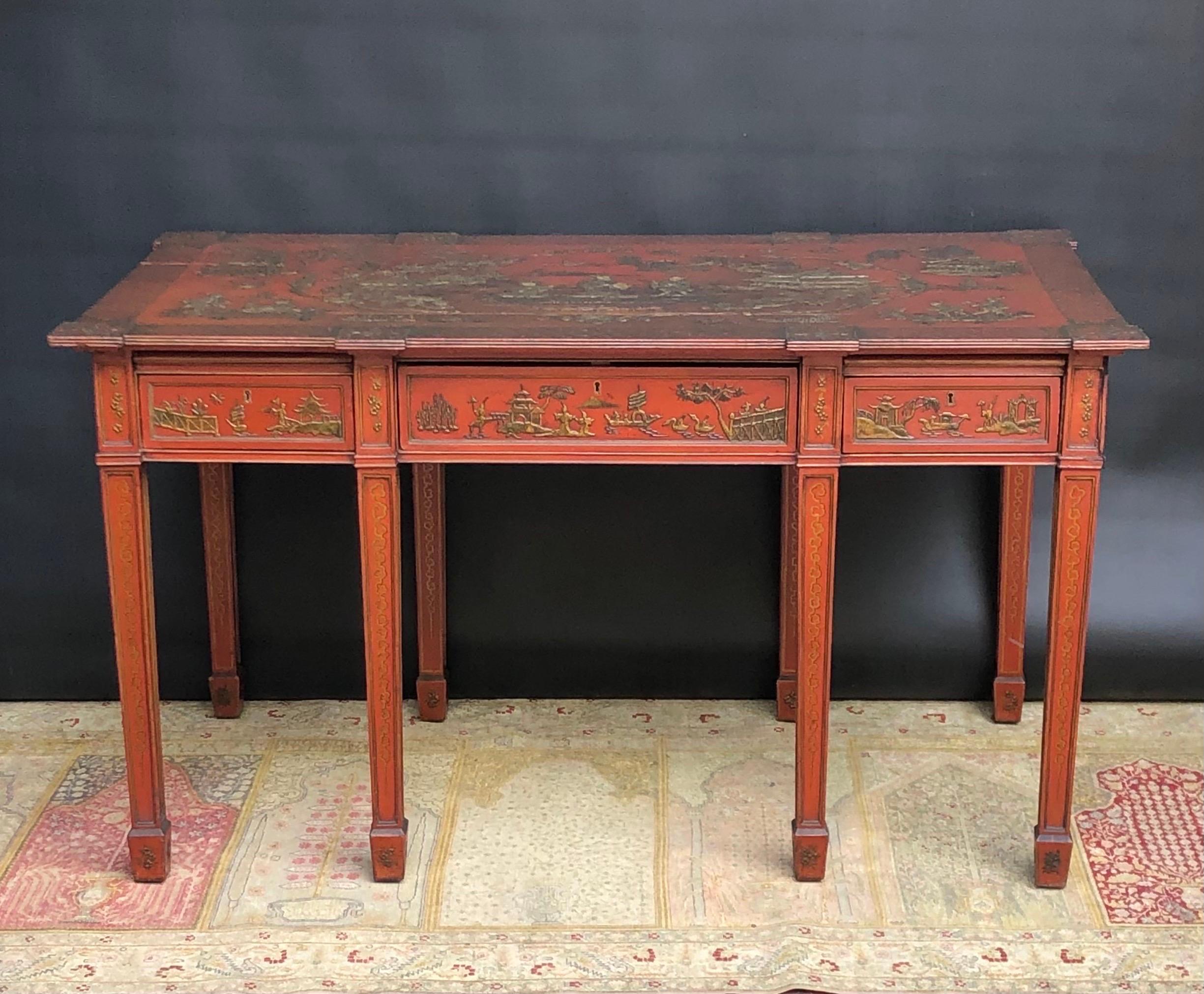 Chinoiserie Imperial Red English Writing Partners Desk / Library Table, 19th C 12