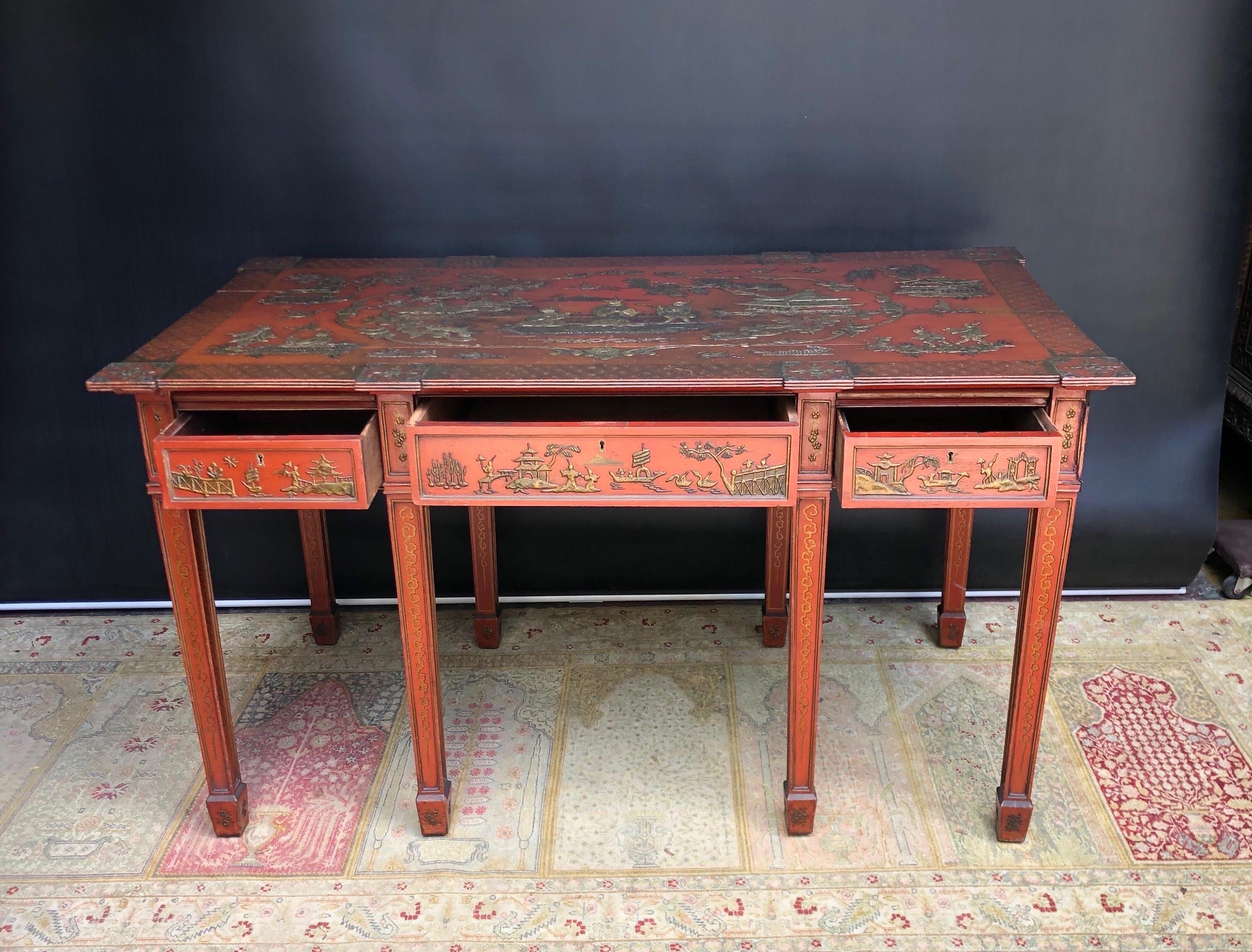 Lacquered Chinoiserie Imperial Red English Writing Partners Desk / Library Table, 19th C For Sale