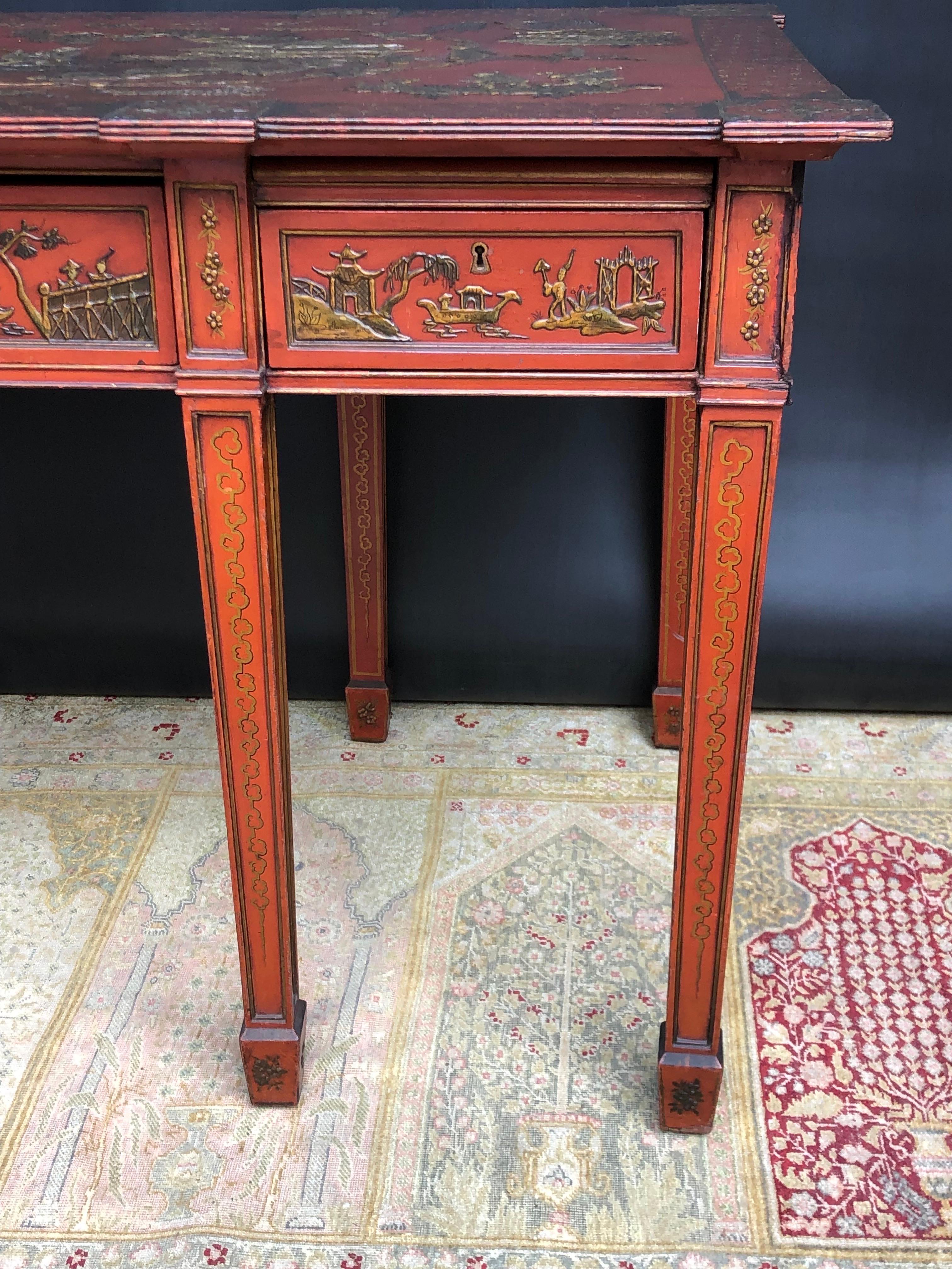 Chinoiserie Imperial Red English Writing Partners Desk / Library Table, 19th C In Good Condition For Sale In Charleston, SC