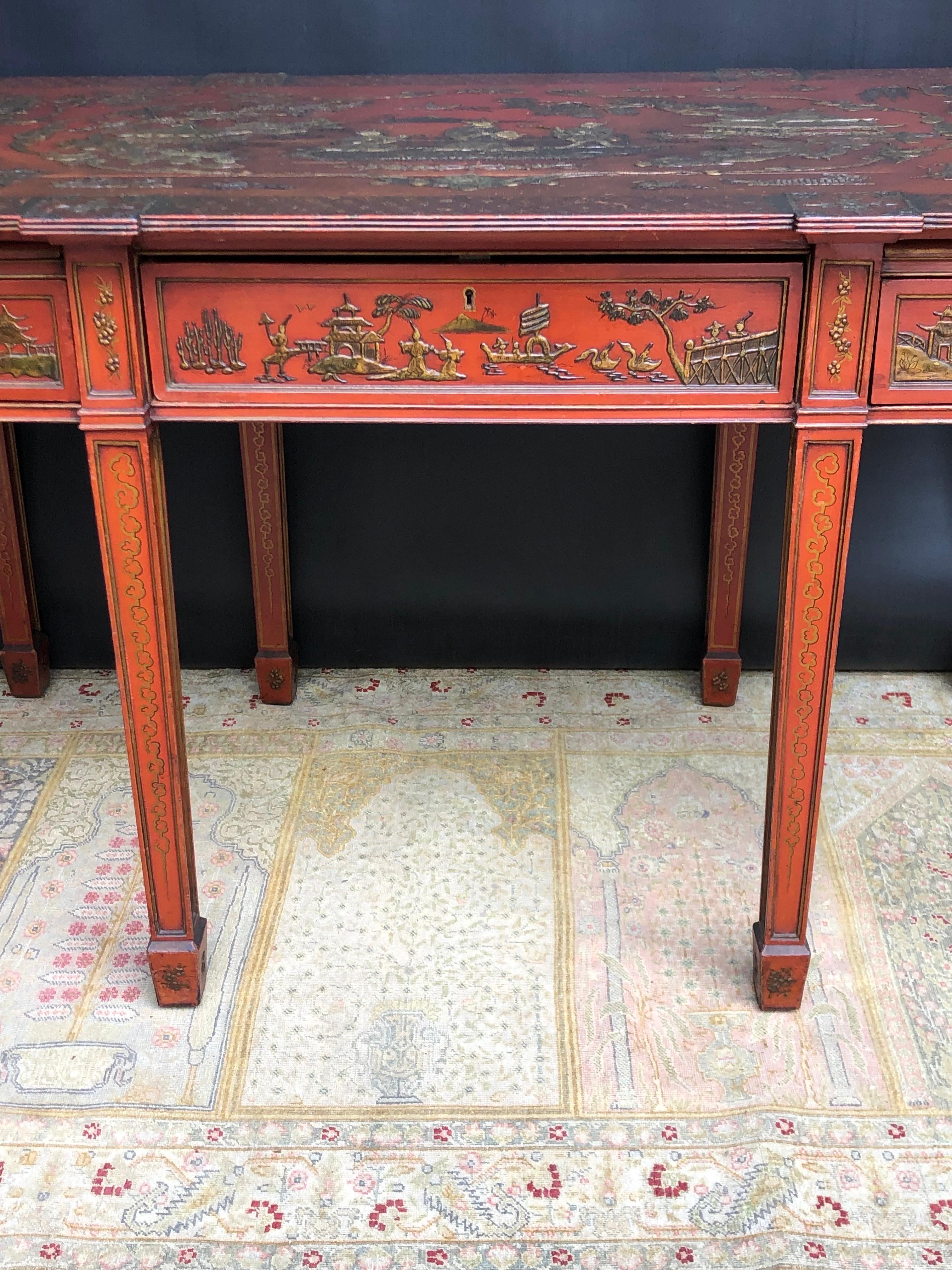 19th Century Chinoiserie Imperial Red English Writing Partners Desk / Library Table, 19th C For Sale