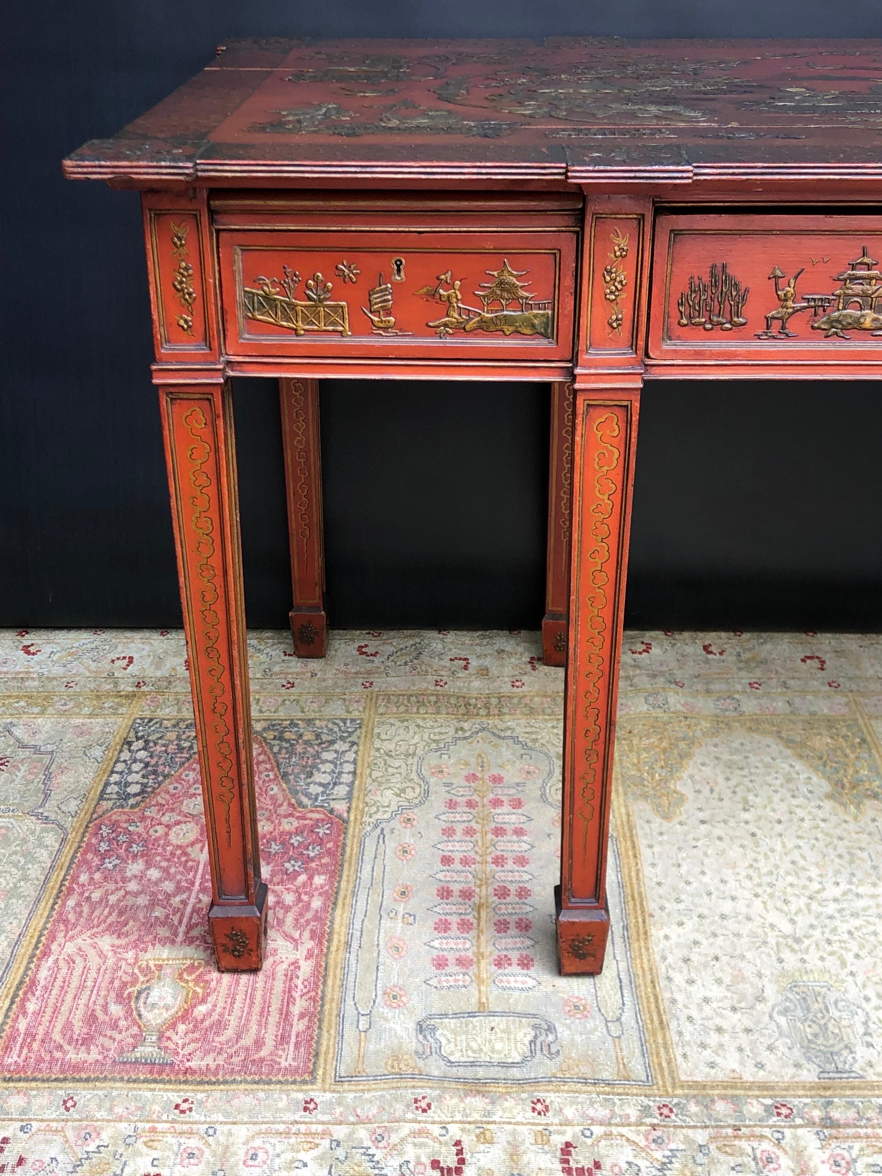 Mahogany Chinoiserie Imperial Red English Writing Partners Desk / Library Table, 19th C For Sale