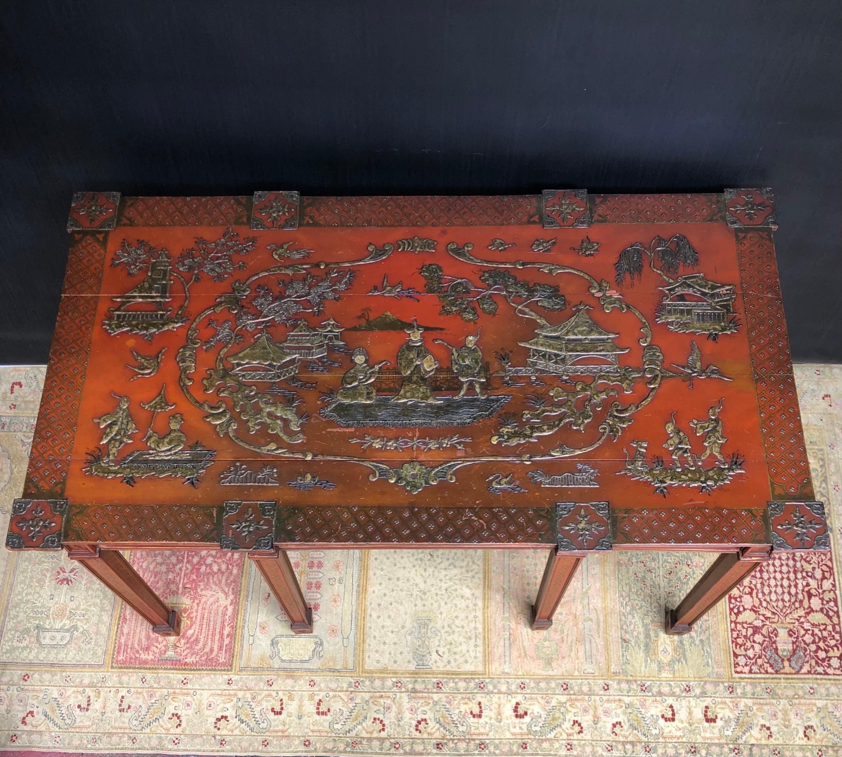 Chinoiserie Imperial Red English Writing Partners Desk / Library Table, 19th C 1