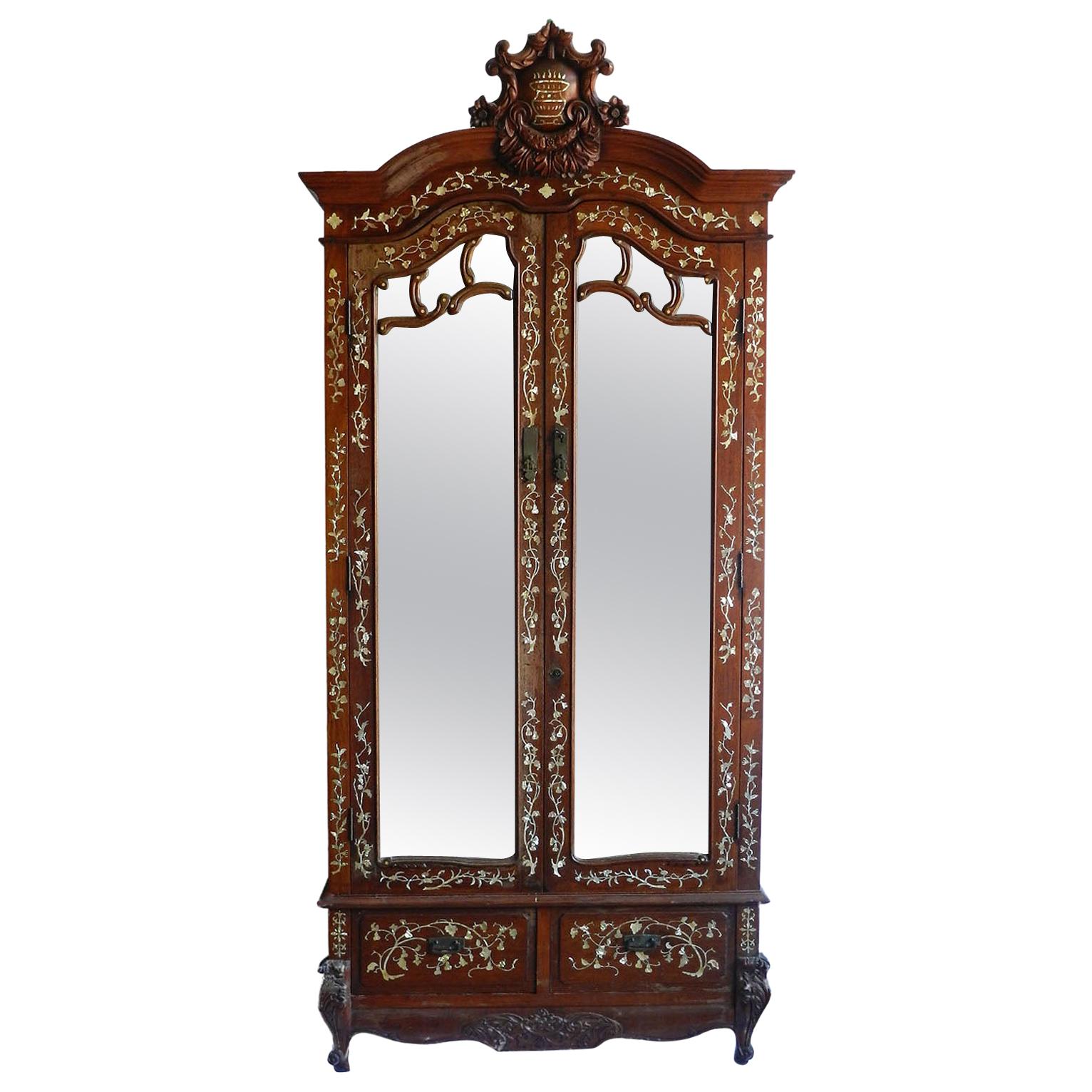 Chinoiserie Inlaid Armoire 19th Century Chinese Mirror Door Wardrobe For Sale