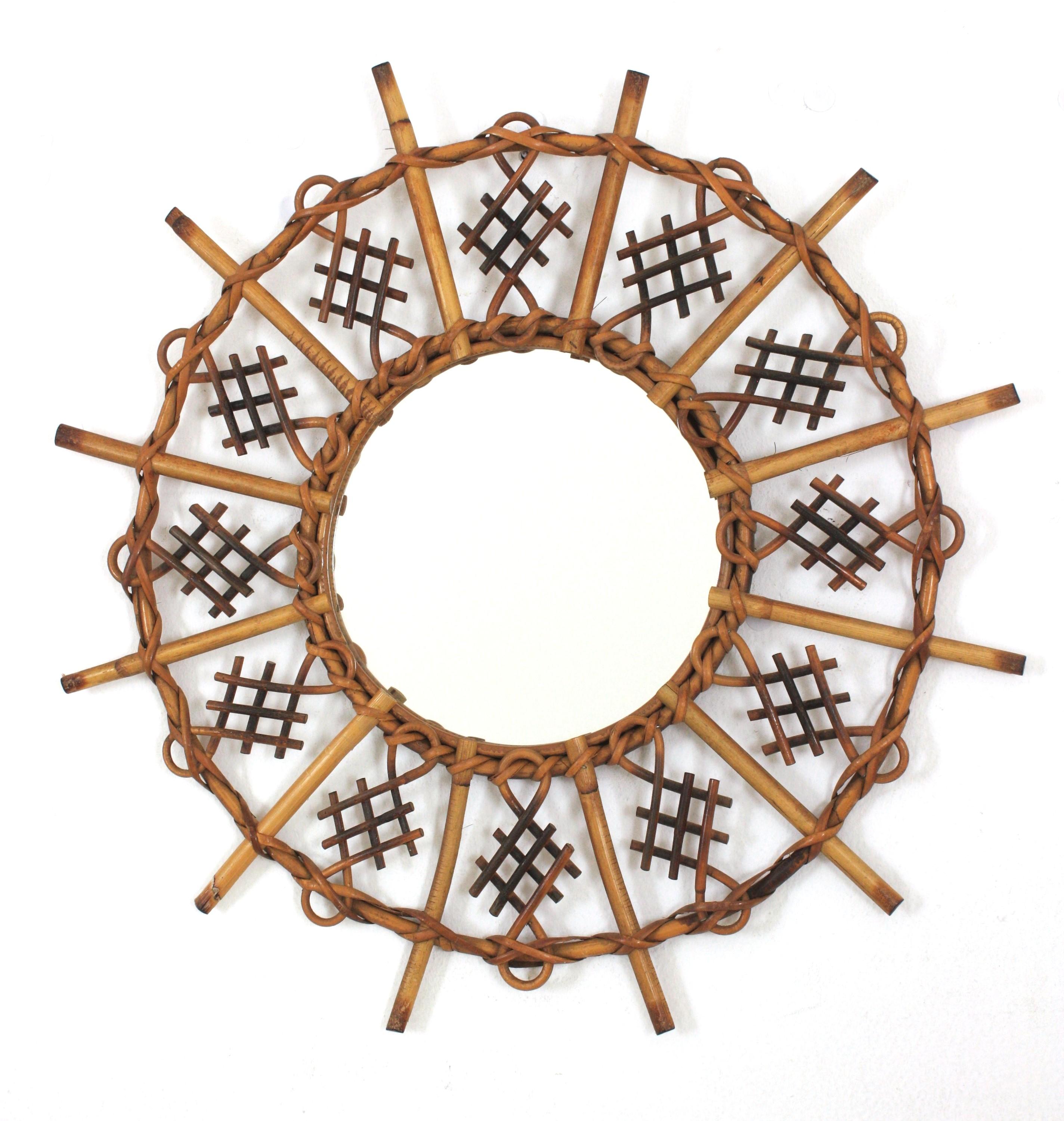 Chinoiserie Inspired Sunburst Mirror in Rattan For Sale 2