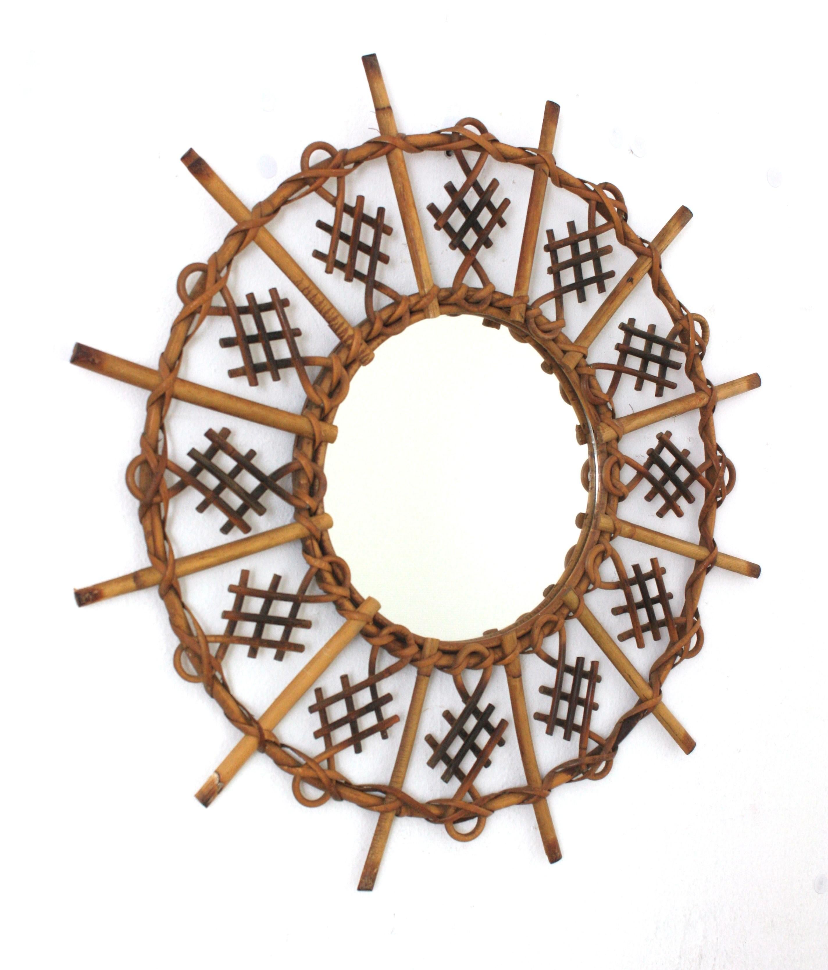 Mid-Century Modern Chinoiserie Inspired Sunburst Mirror in Rattan For Sale
