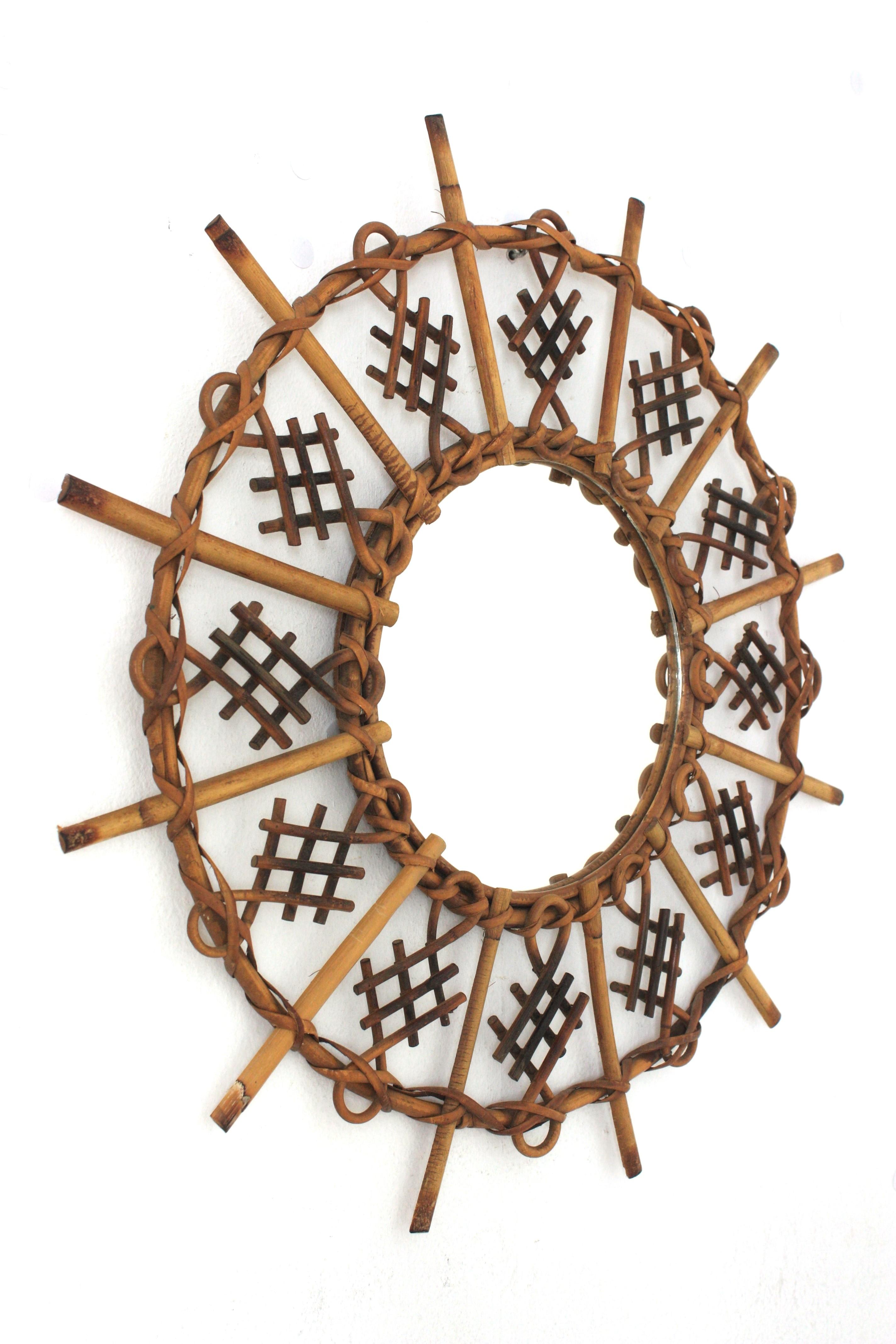 French Chinoiserie Inspired Sunburst Mirror in Rattan For Sale