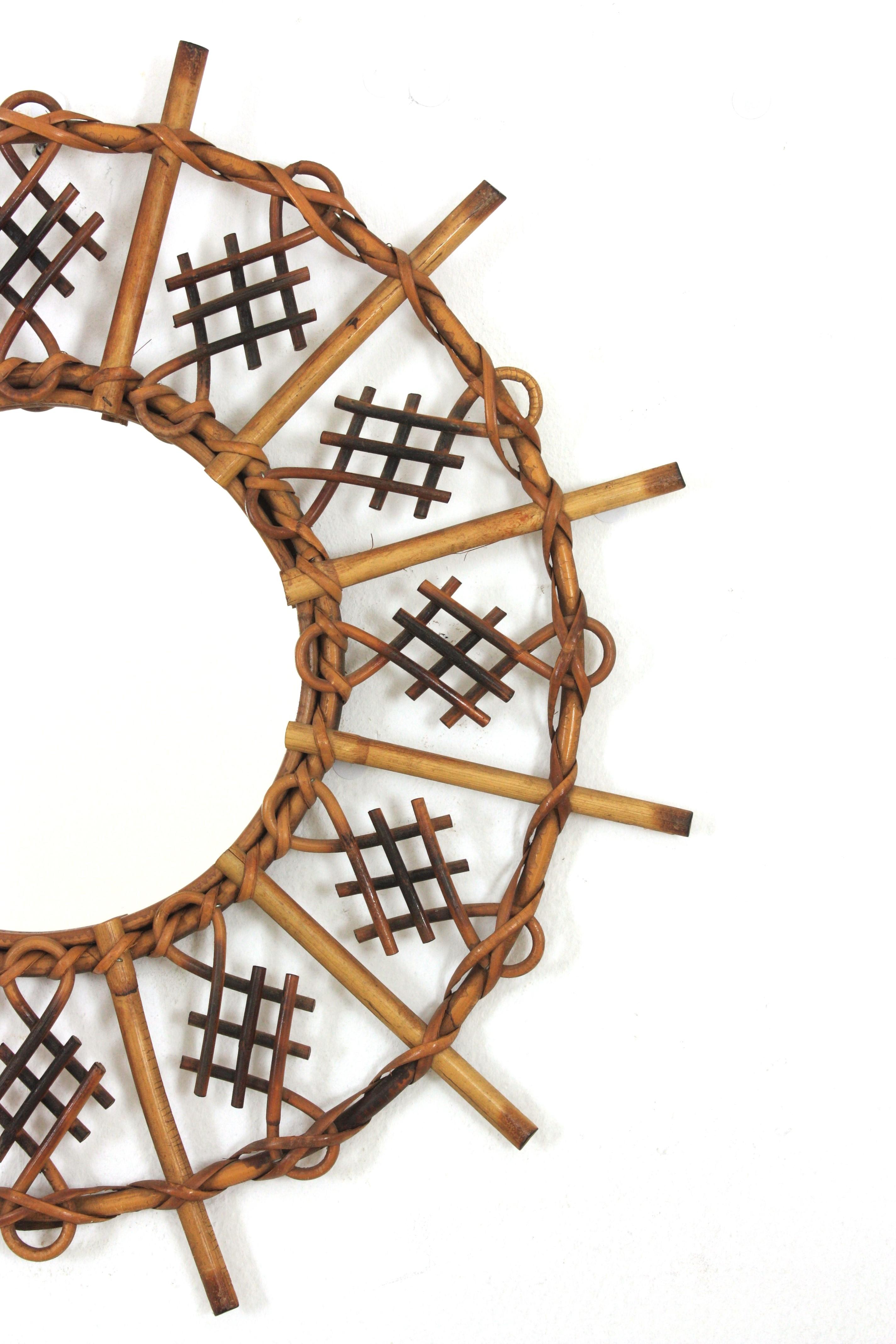 20th Century Chinoiserie Inspired Sunburst Mirror in Rattan For Sale