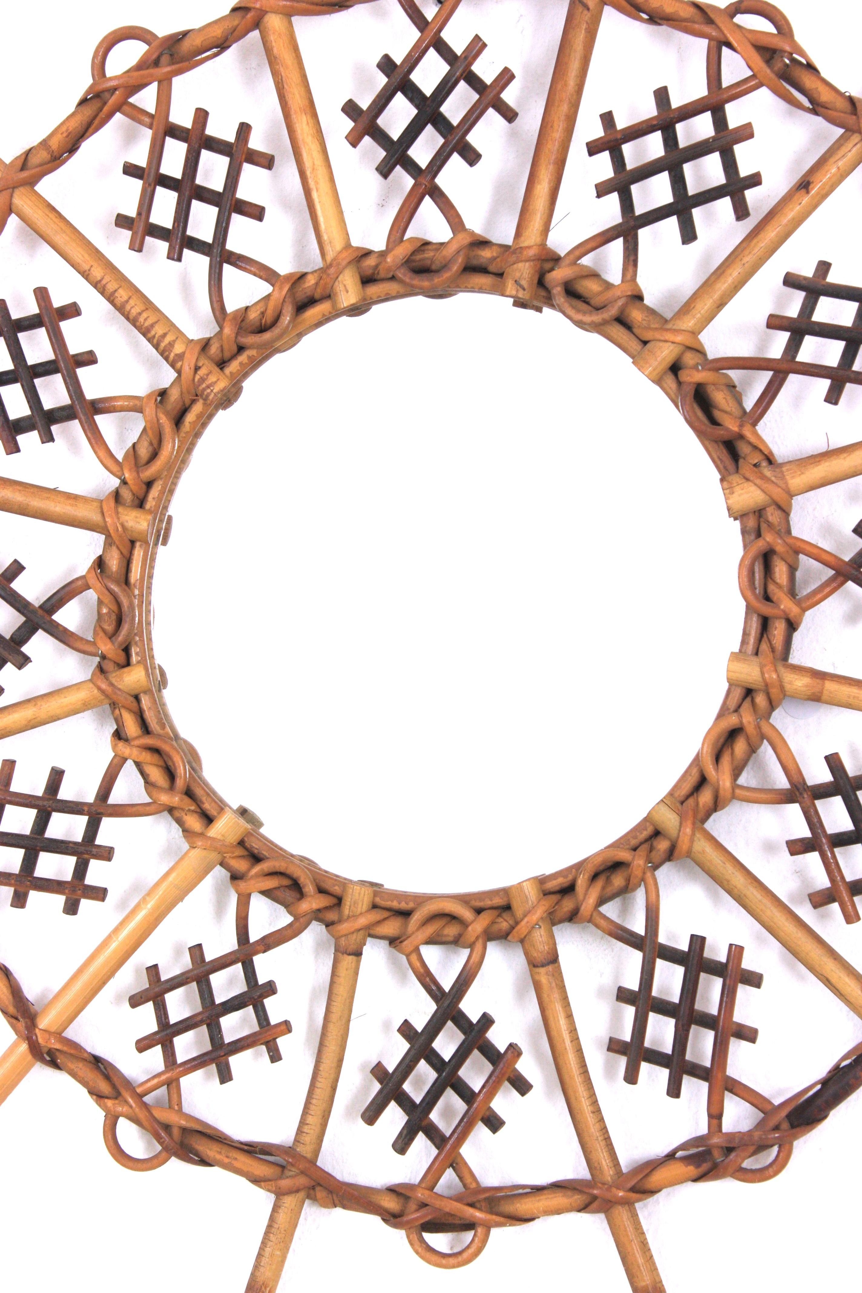 Bamboo Chinoiserie Inspired Sunburst Mirror in Rattan For Sale
