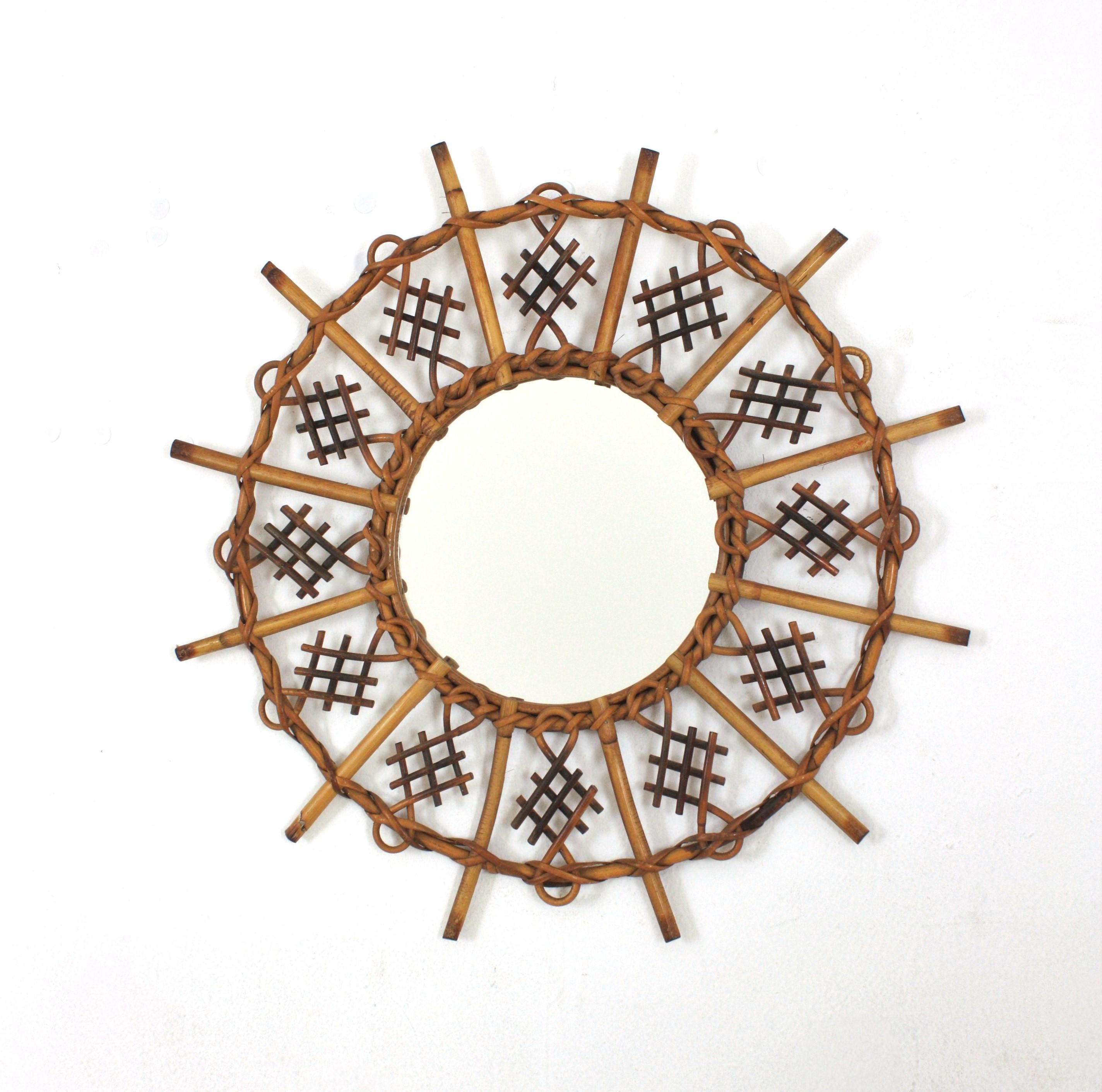Chinoiserie Inspired Sunburst Mirror in Rattan For Sale 1