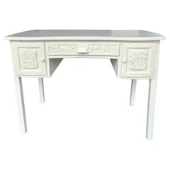 Escritorio Chinoiserie Lacado Marfil Con Paneles Tallados
