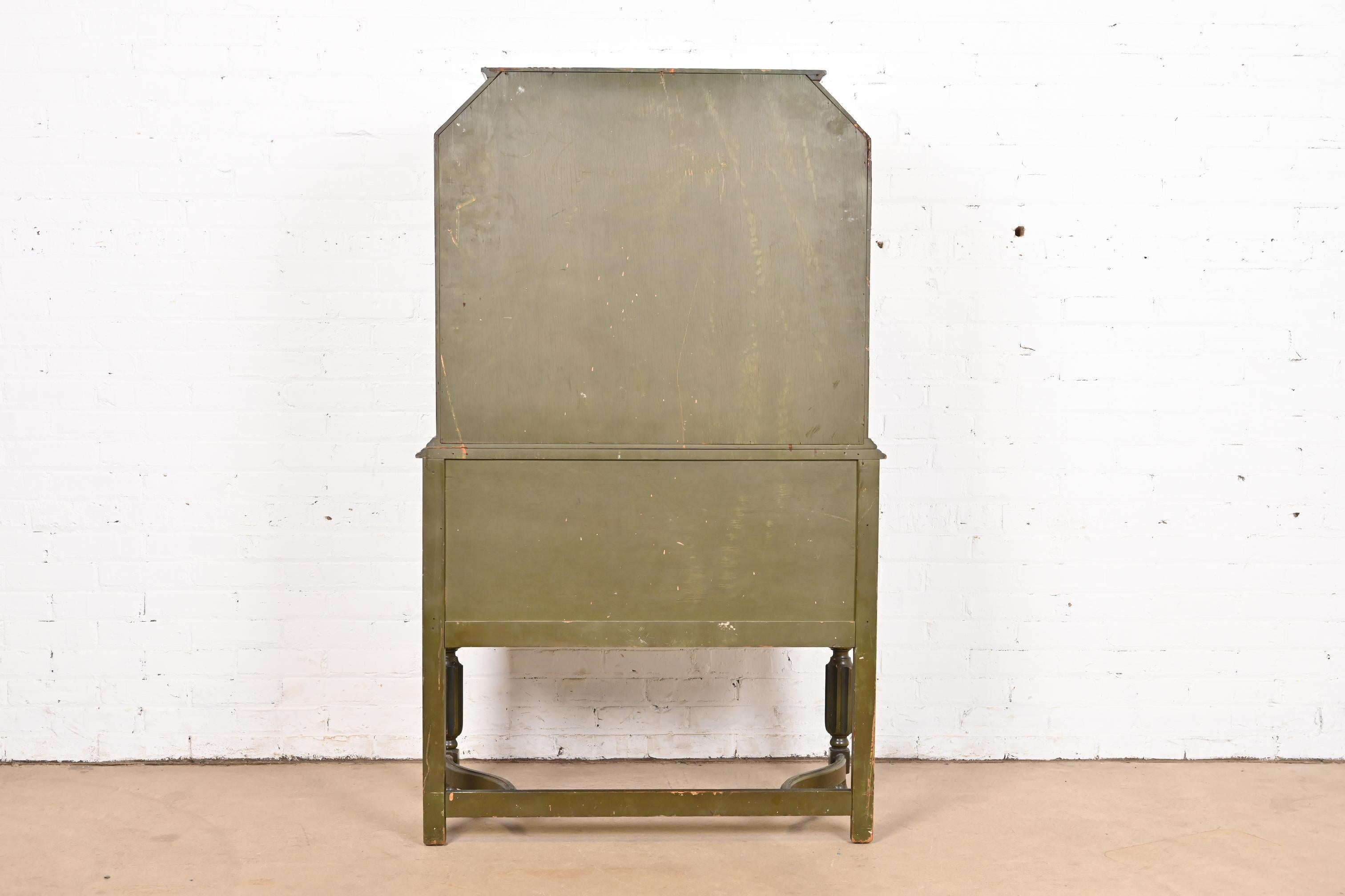 Chinoiserie Jacobean Green Lacquered Hand Painted Bookcase or Bar Cabinet, 1920s 6