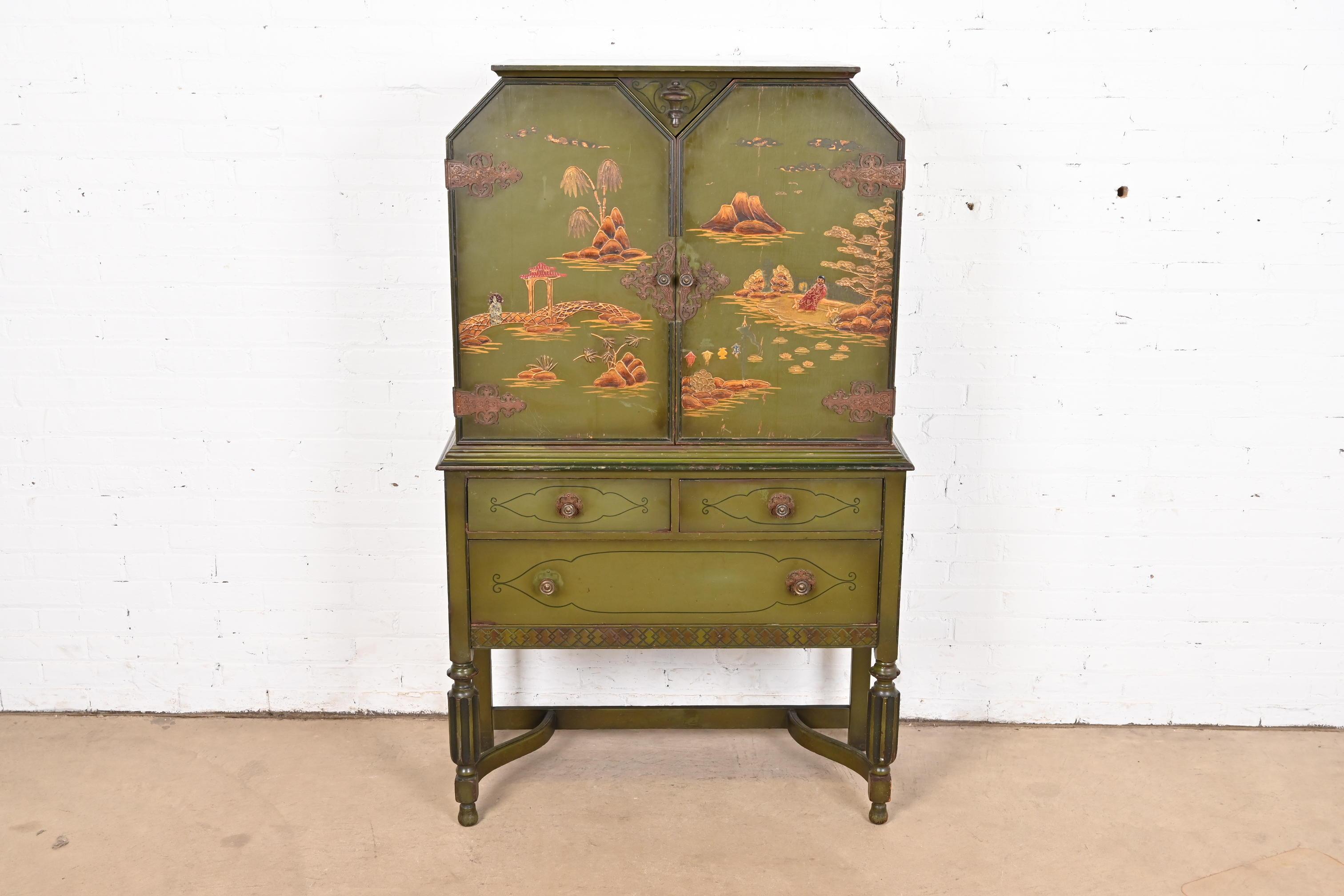 American Chinoiserie Jacobean Green Lacquered Hand Painted Bookcase or Bar Cabinet, 1920s