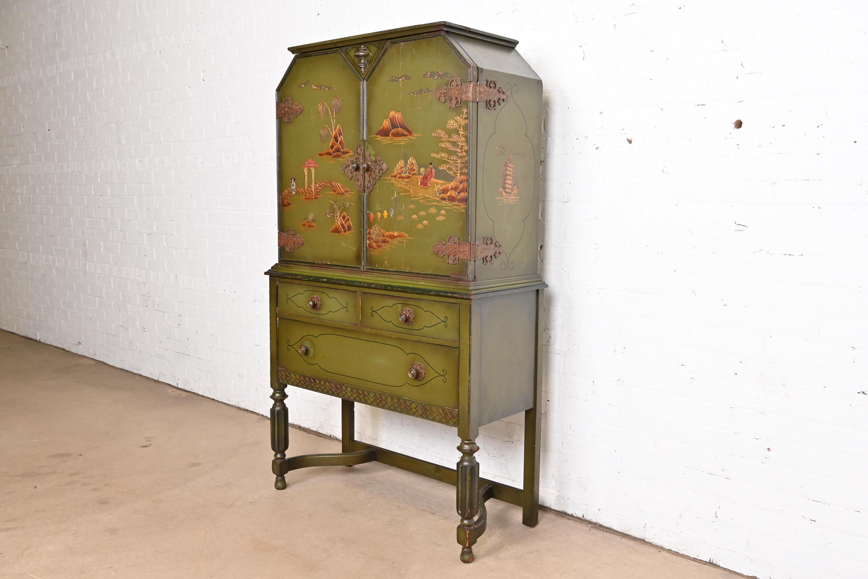 Chinoiserie Jacobean Green Lacquered Hand Painted Bookcase or Bar Cabinet, 1920s In Good Condition In South Bend, IN