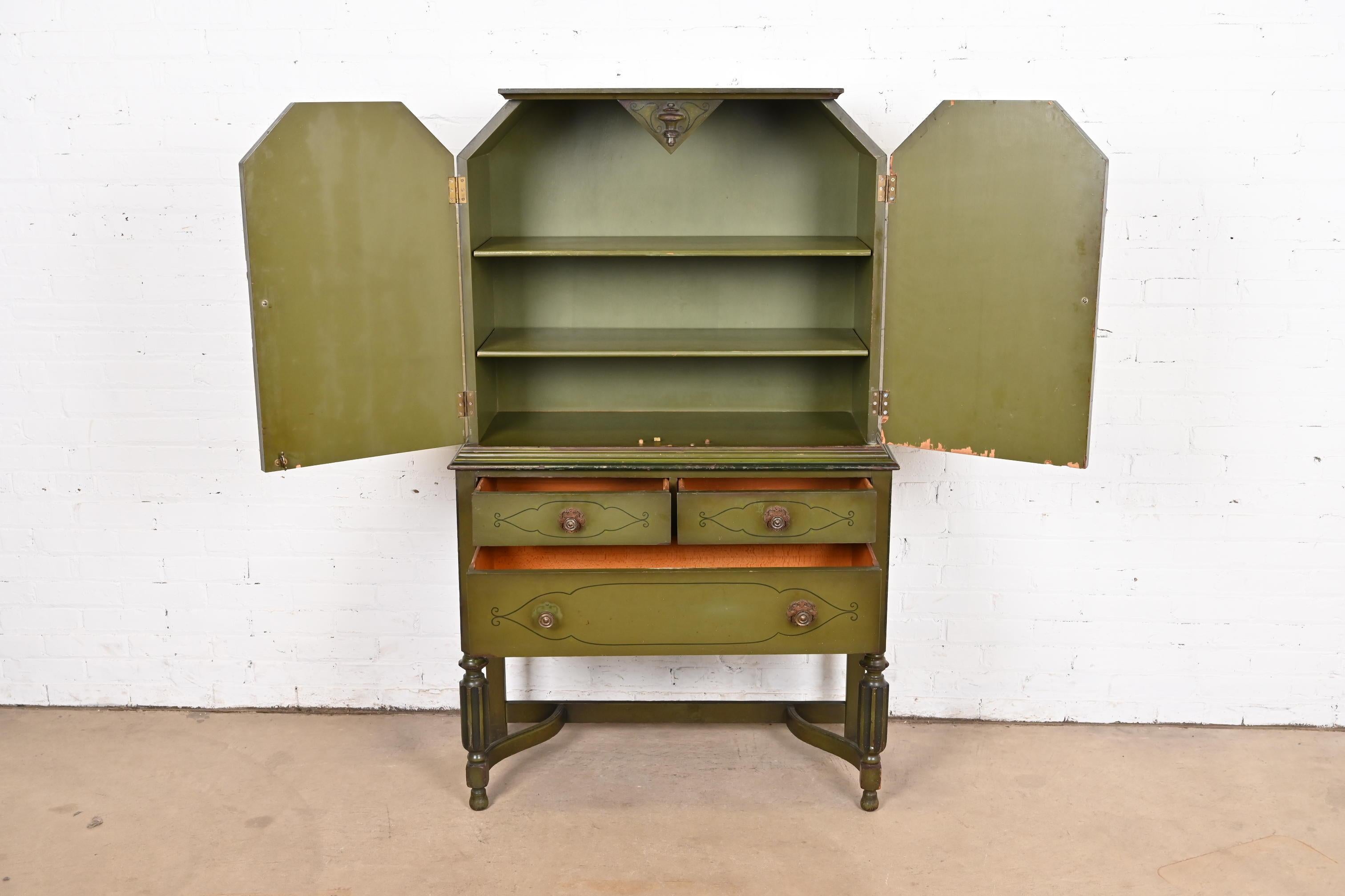Brass Chinoiserie Jacobean Green Lacquered Hand Painted Bookcase or Bar Cabinet, 1920s