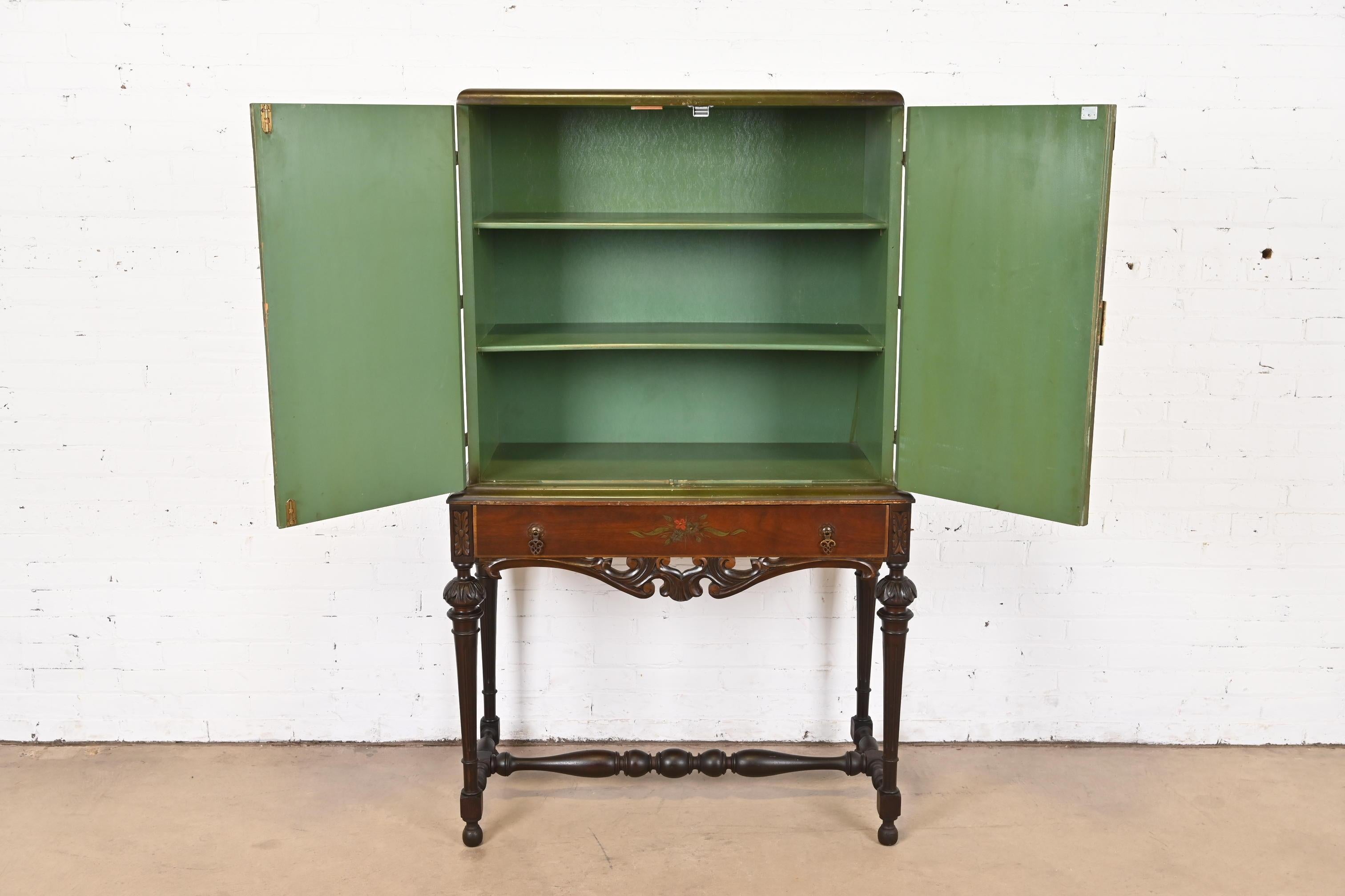 Chinoiserie Jacobean Hand Painted Bookcase or Bar Cabinet, Circa 1920s For Sale 6