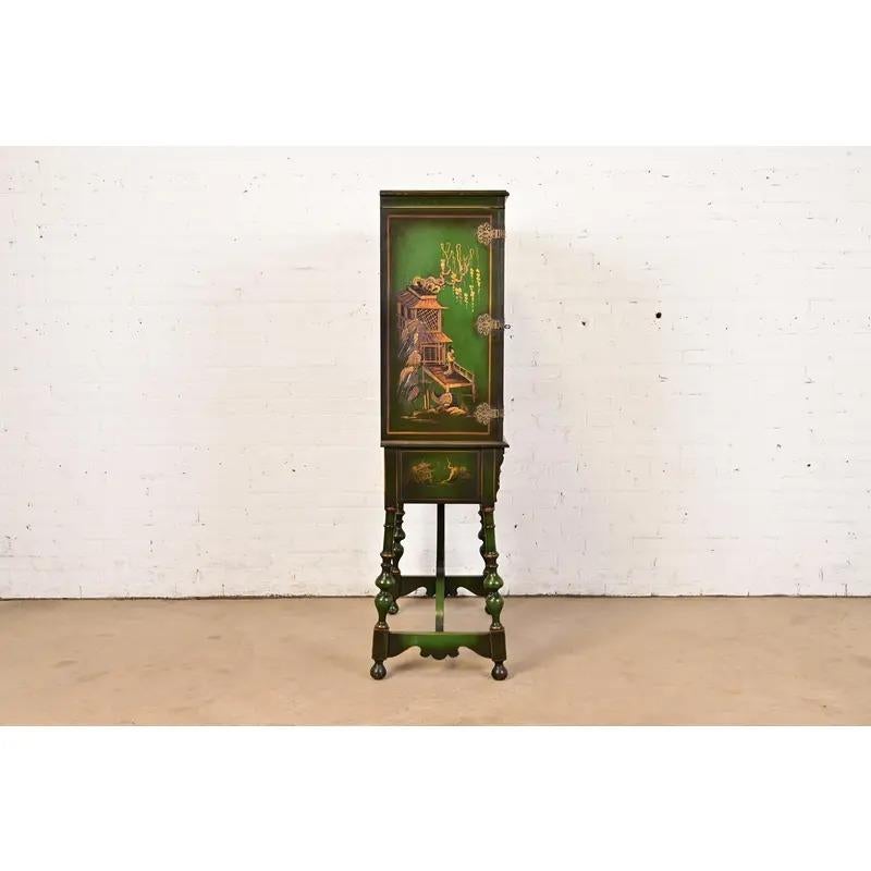 Chinoiserie Jacobean Hand Painted Bookcase or Bar Cabinet, Circa 1920s For Sale 7