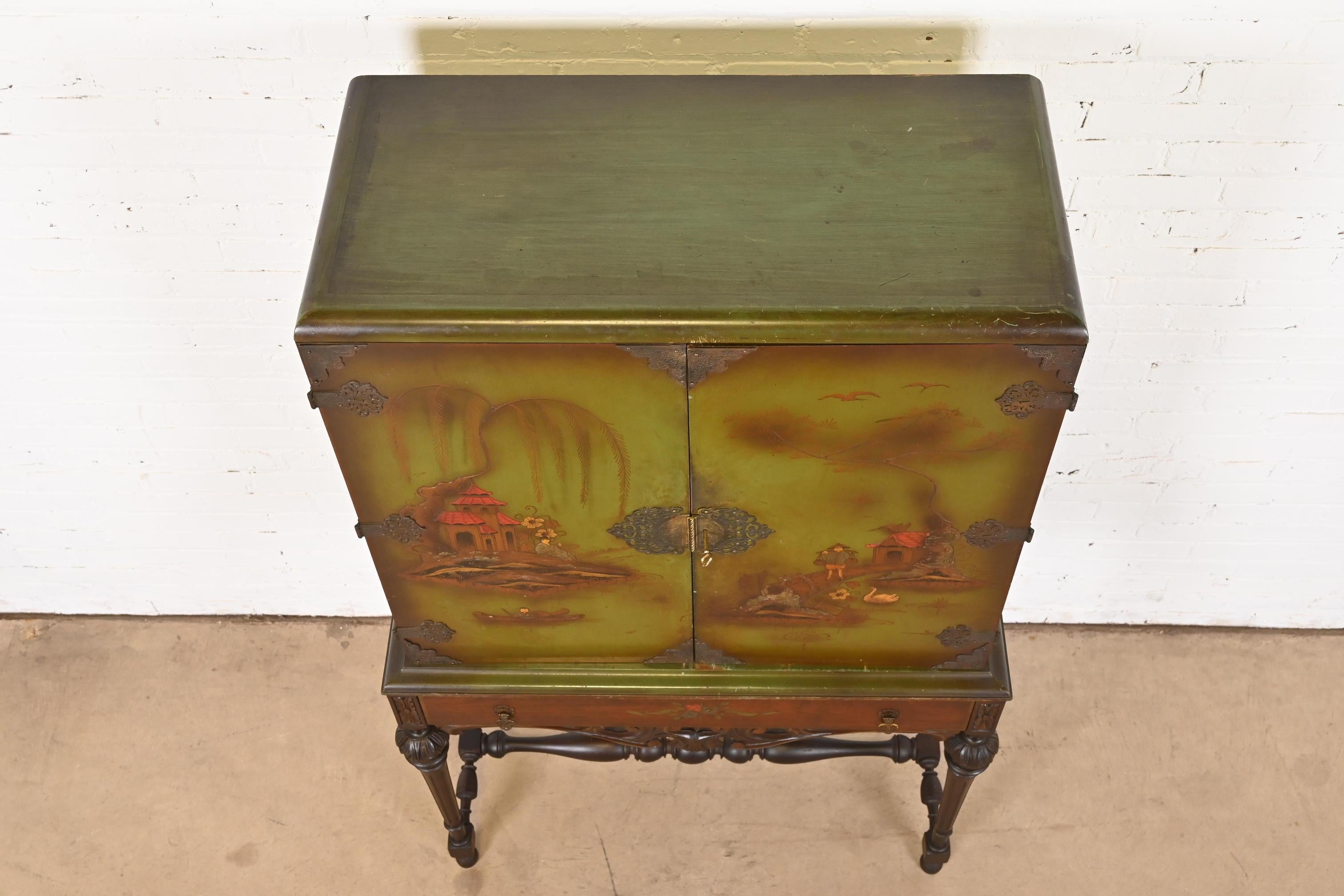 Chinoiserie Jacobean Hand Painted Bookcase or Bar Cabinet, Circa 1920s For Sale 7