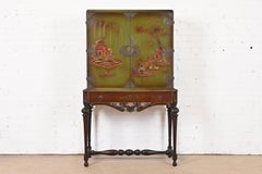 Chinoiserie Jacobean Hand Painted Bookcase or Bar Cabinet, Circa 1920s