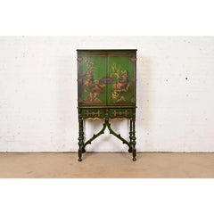 Chinoiserie Jacobean Hand Painted Bookcase or Bar Cabinet, Circa 1920s
