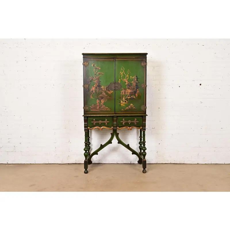 American Chinoiserie Jacobean Hand Painted Bookcase or Bar Cabinet, Circa 1920s For Sale
