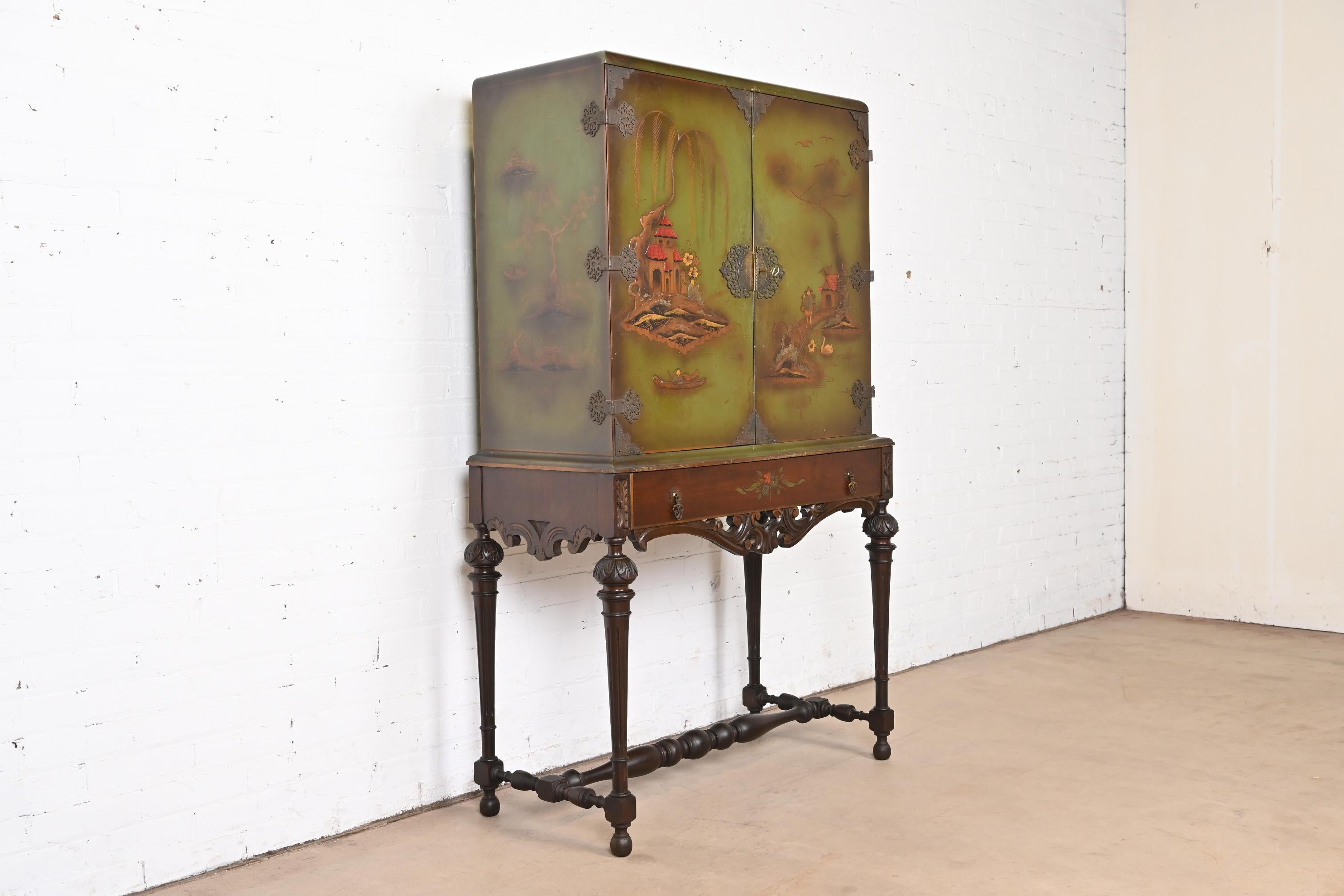American Chinoiserie Jacobean Hand Painted Bookcase or Bar Cabinet, Circa 1920s For Sale