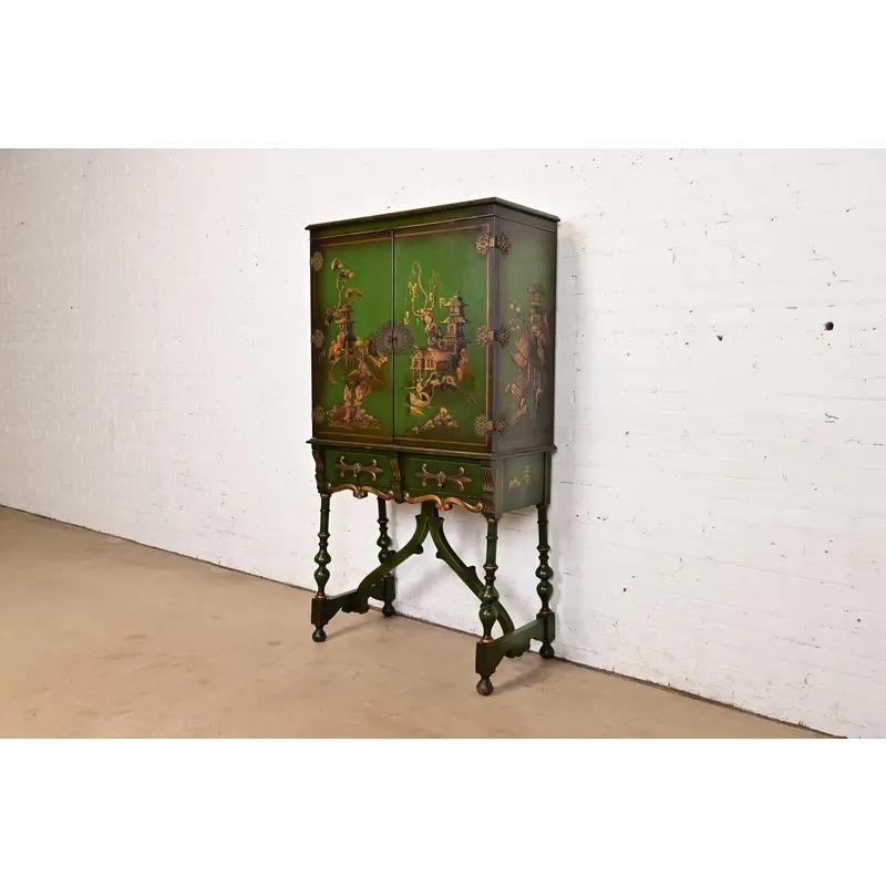 Chinoiserie Jacobean Hand Painted Bookcase or Bar Cabinet, Circa 1920s In Good Condition For Sale In South Bend, IN