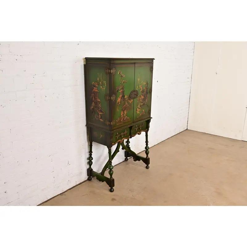Early 20th Century Chinoiserie Jacobean Hand Painted Bookcase or Bar Cabinet, Circa 1920s For Sale