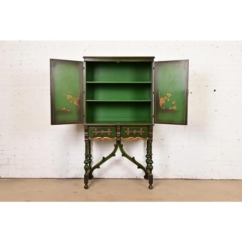 Brass Chinoiserie Jacobean Hand Painted Bookcase or Bar Cabinet, Circa 1920s For Sale