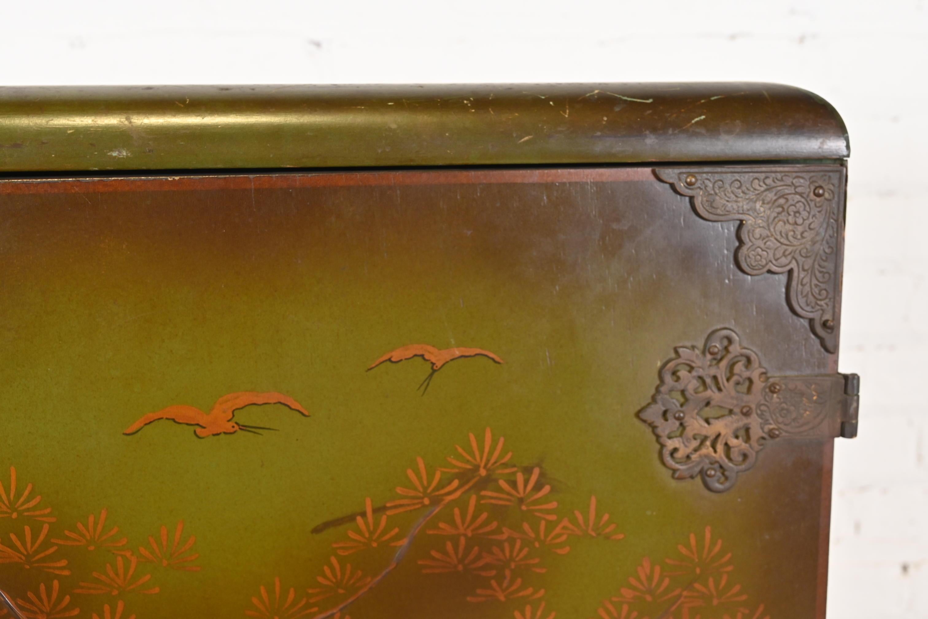 Brass Chinoiserie Jacobean Hand Painted Bookcase or Bar Cabinet, Circa 1920s For Sale