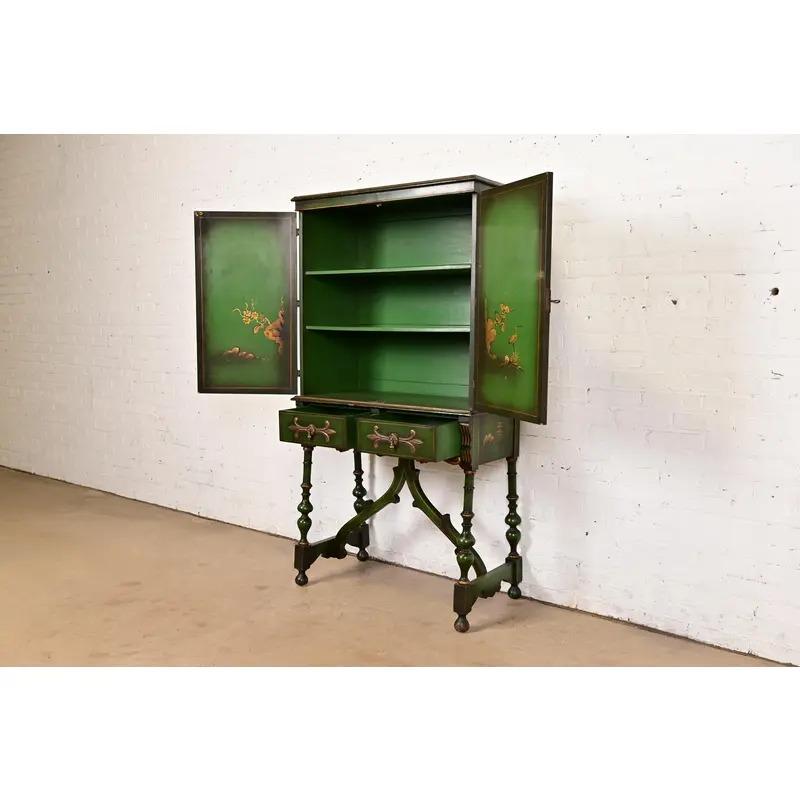 Chinoiserie Jacobean Hand Painted Bookcase or Bar Cabinet, Circa 1920s For Sale 1