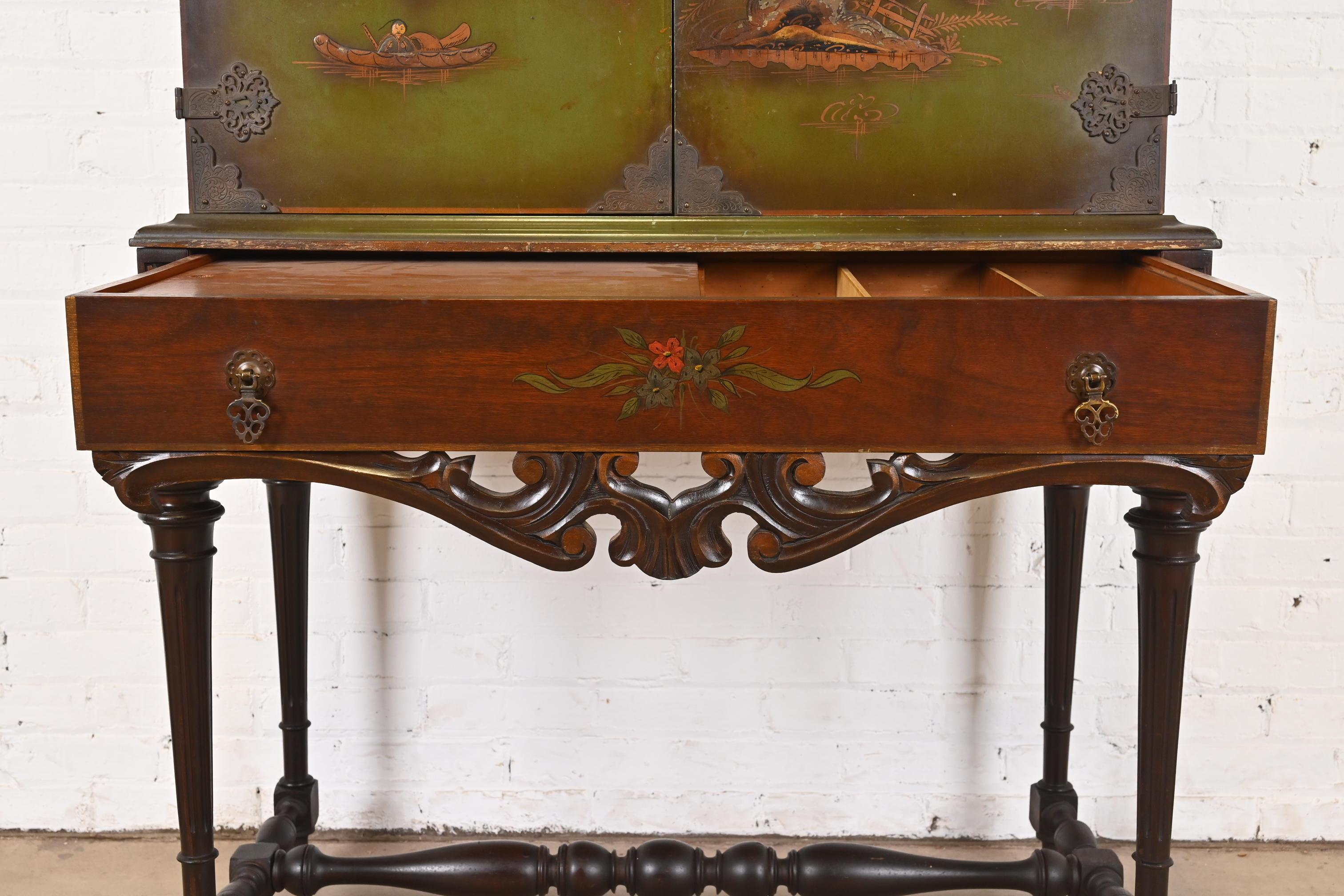Chinoiserie Jacobean Hand Painted Bookcase or Bar Cabinet, Circa 1920s For Sale 2