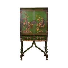 Chinoiserie Jacobean Hand Painted Bookcase or Bar Cabinet, Circa 1920s