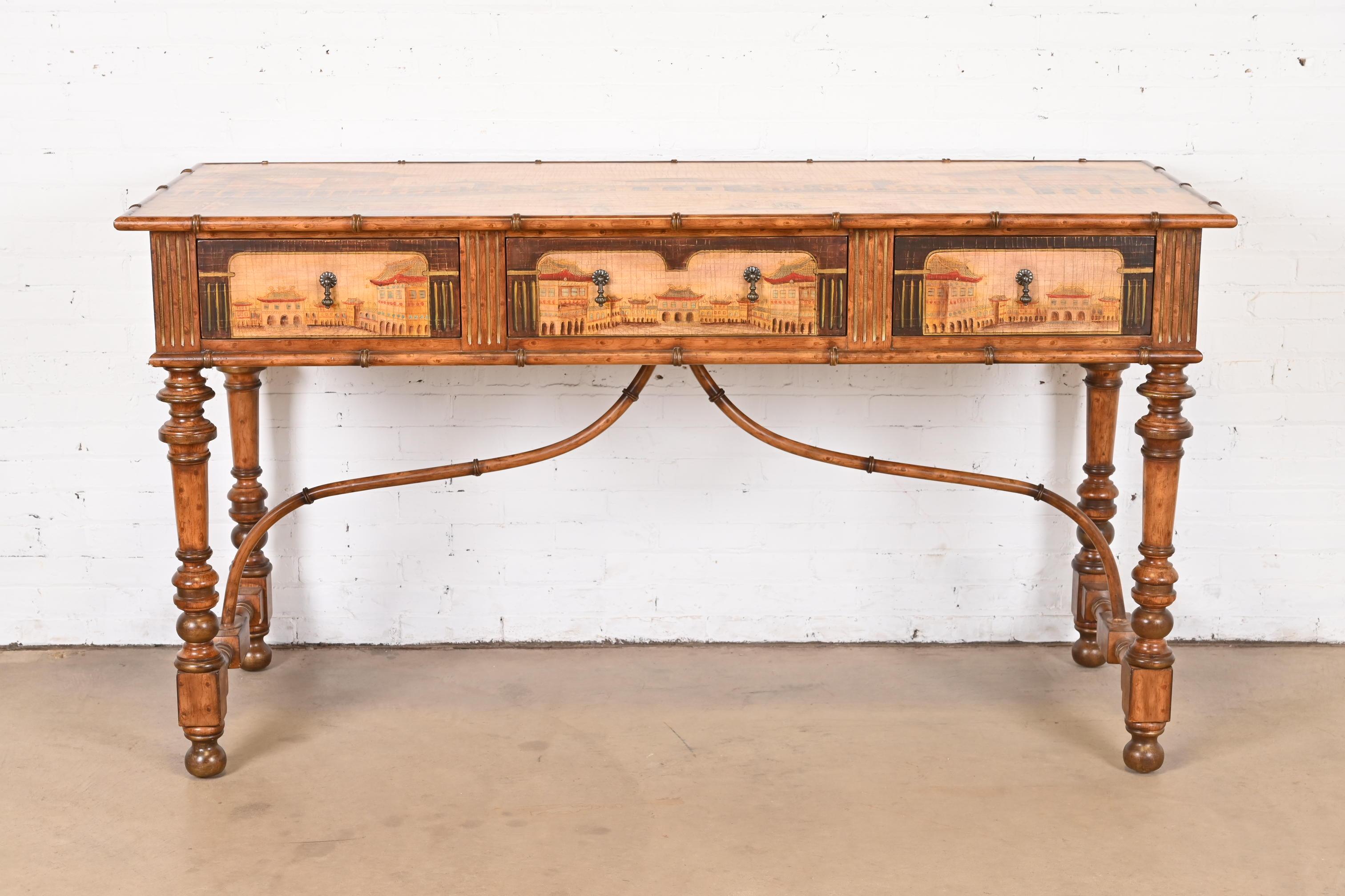 A gorgeous hand painted Chinoiserie Jacobean bar height sideboard server, bar table, or center table

In the manner of Theodore Alexander

Circa Late 20th Century

Carved walnut, with faux bamboo trim, beautiful hand-painted Asian scenes, original