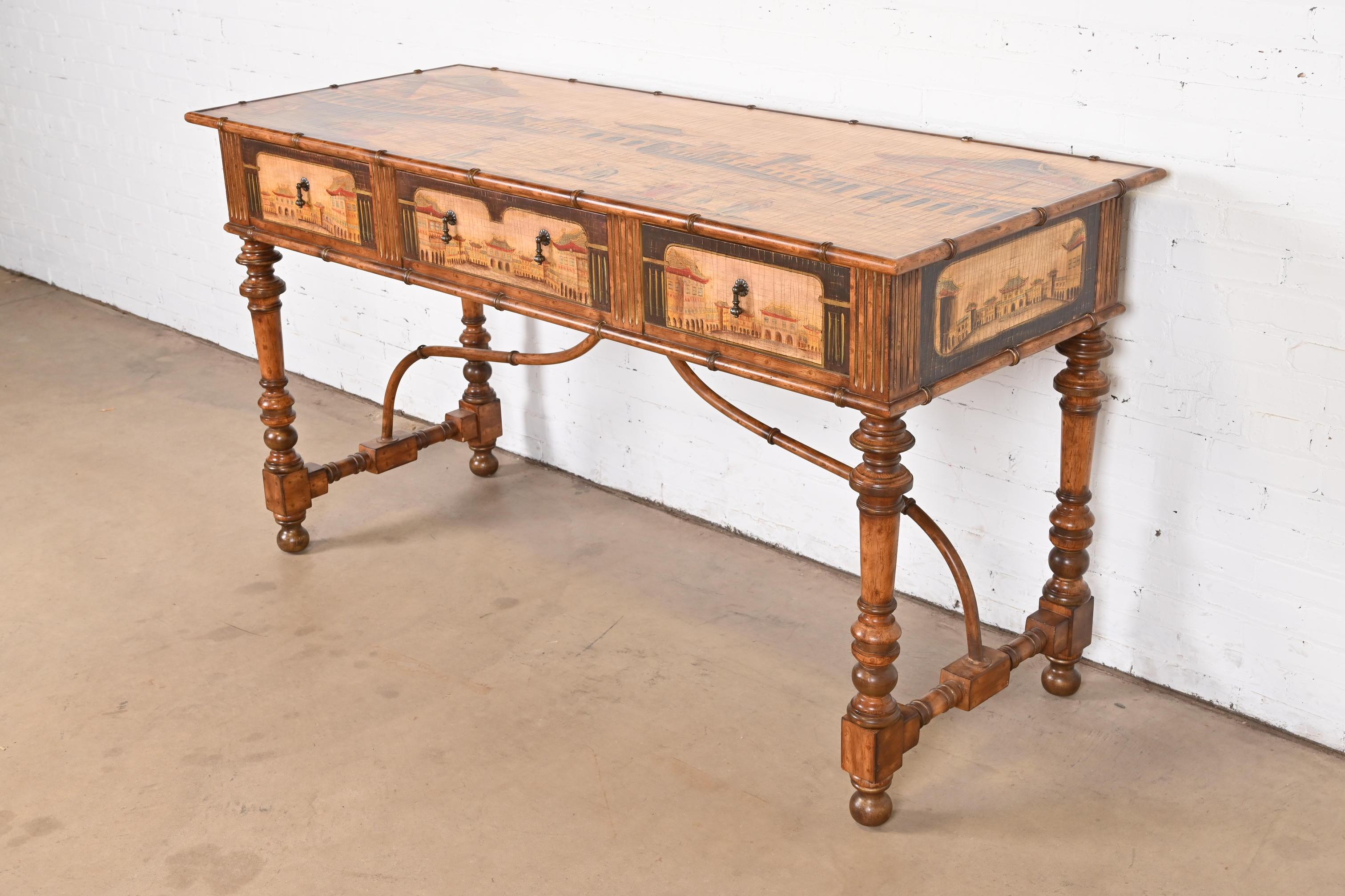 Carved Chinoiserie Jacobean Hand Painted Sideboard Server, Bar Table, or Center Table For Sale